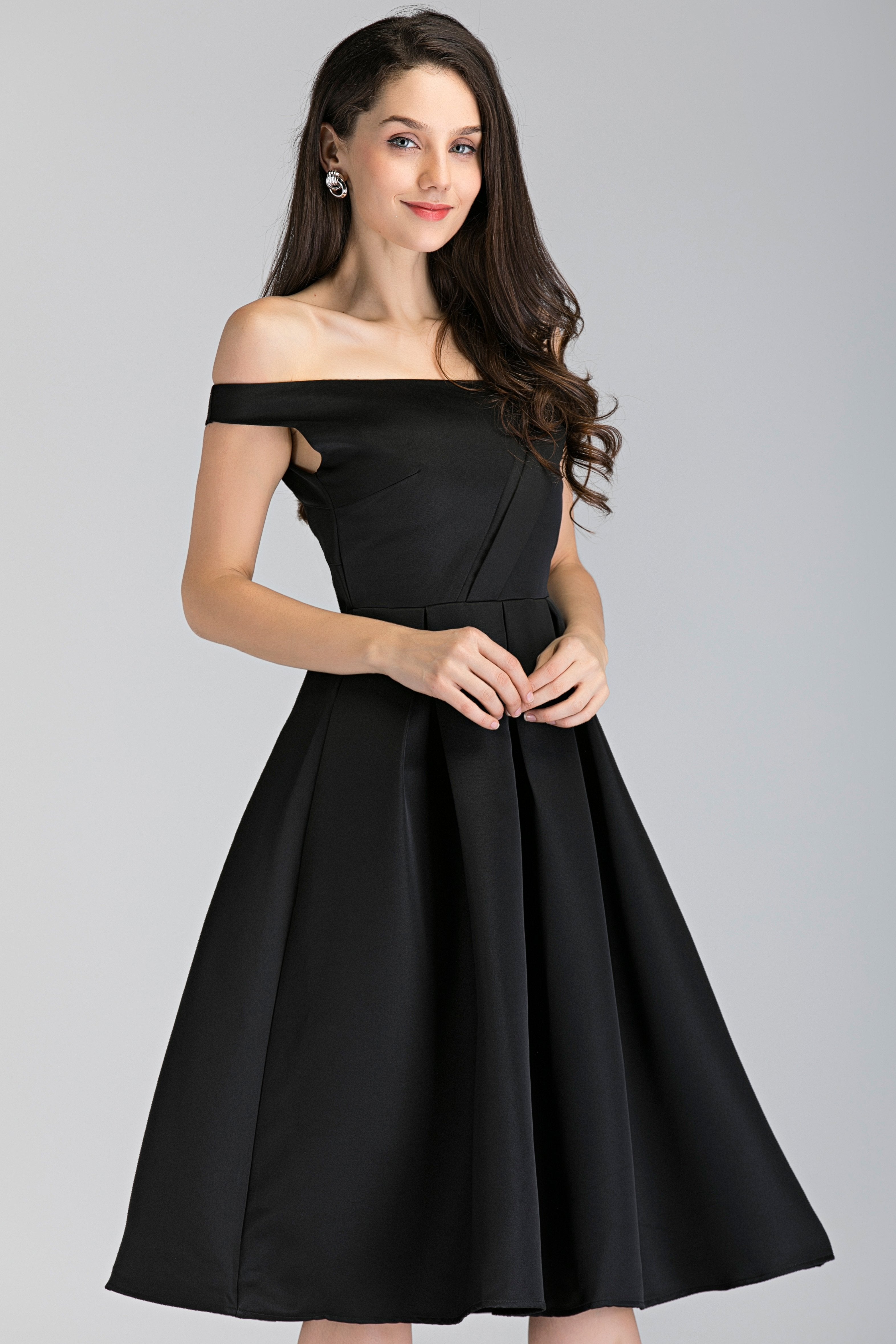Black Asymmetric Strap Midi Ball Dress - ownthelooks-Development