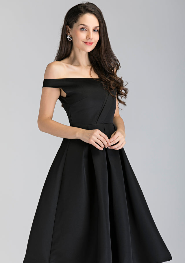 Black Asymmetric Strap Midi Ball Dress - ownthelooks-Development