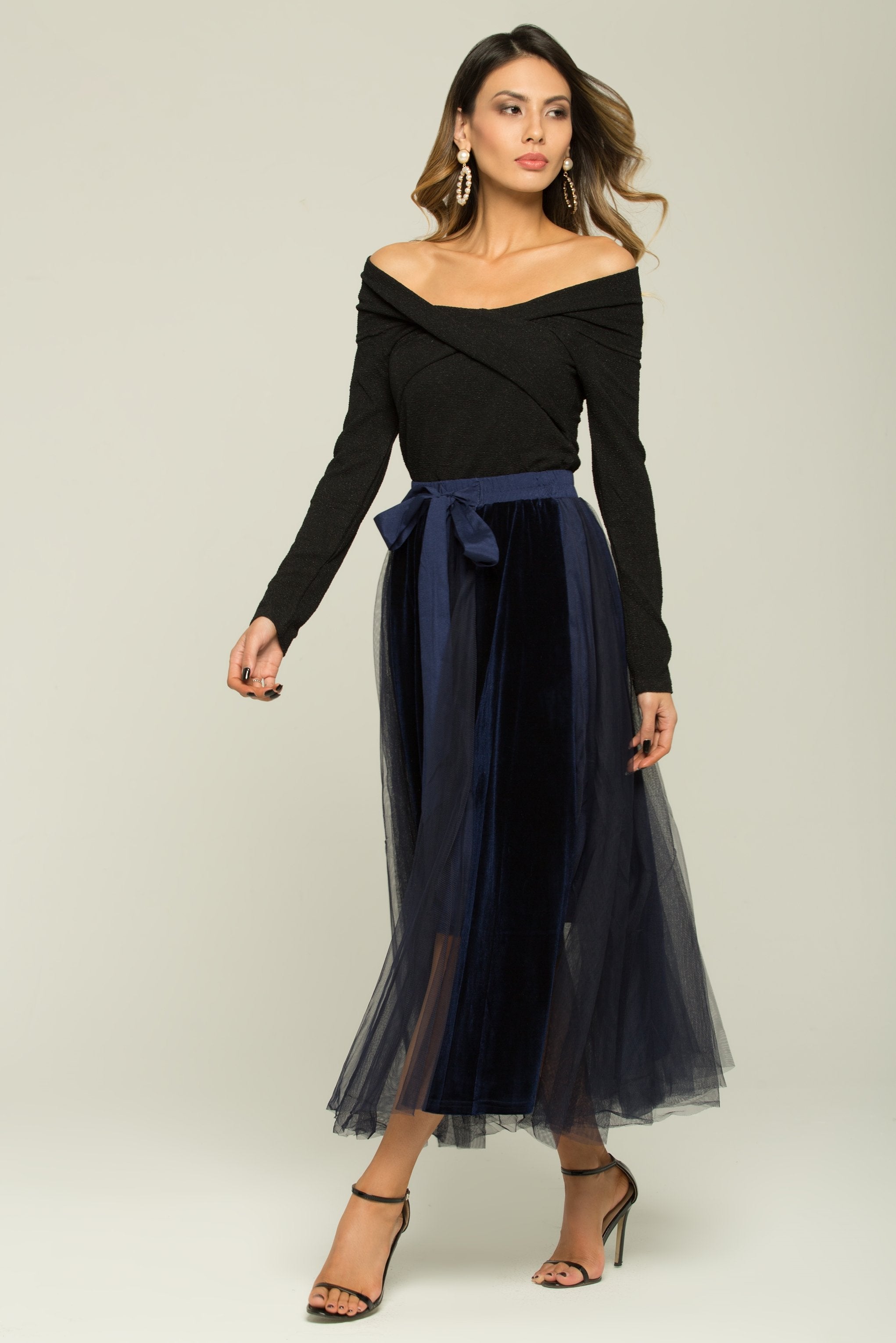 Black And Blue Boat Neck Top And Sheer Skirt With Belt Set - ownthelooks-Development