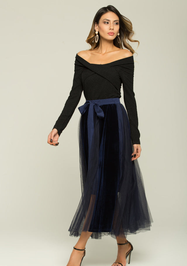 Black And Blue Boat Neck Top And Sheer Skirt With Belt Set - ownthelooks-Development