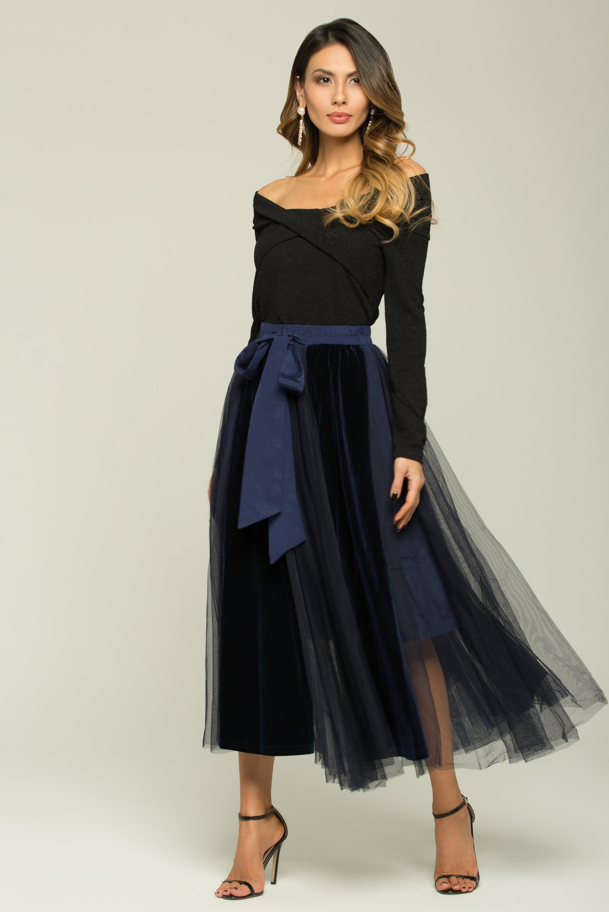 Black And Blue Boat Neck Top And Sheer Skirt With Belt Set - ownthelooks-Development
