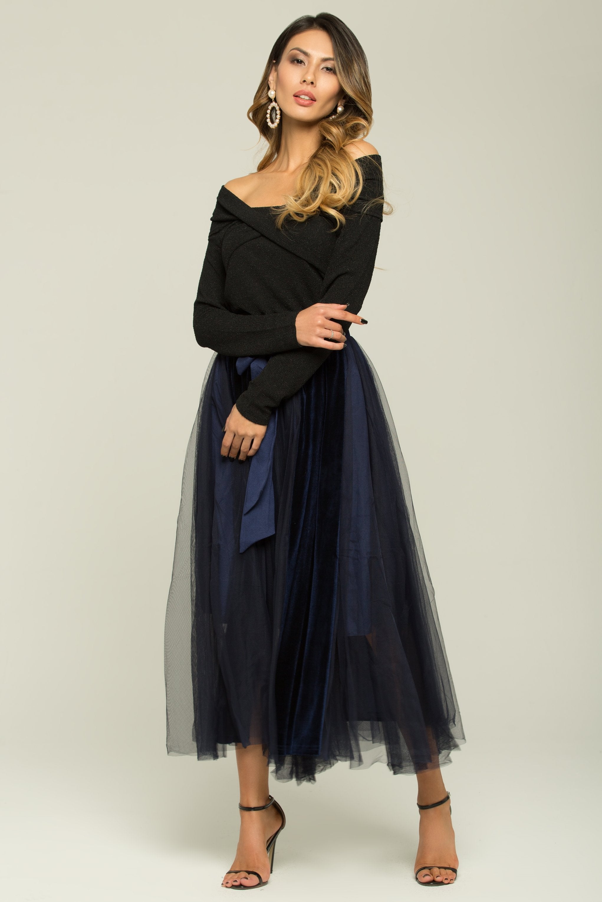 Black And Blue Boat Neck Top And Sheer Skirt With Belt Set - ownthelooks-Development
