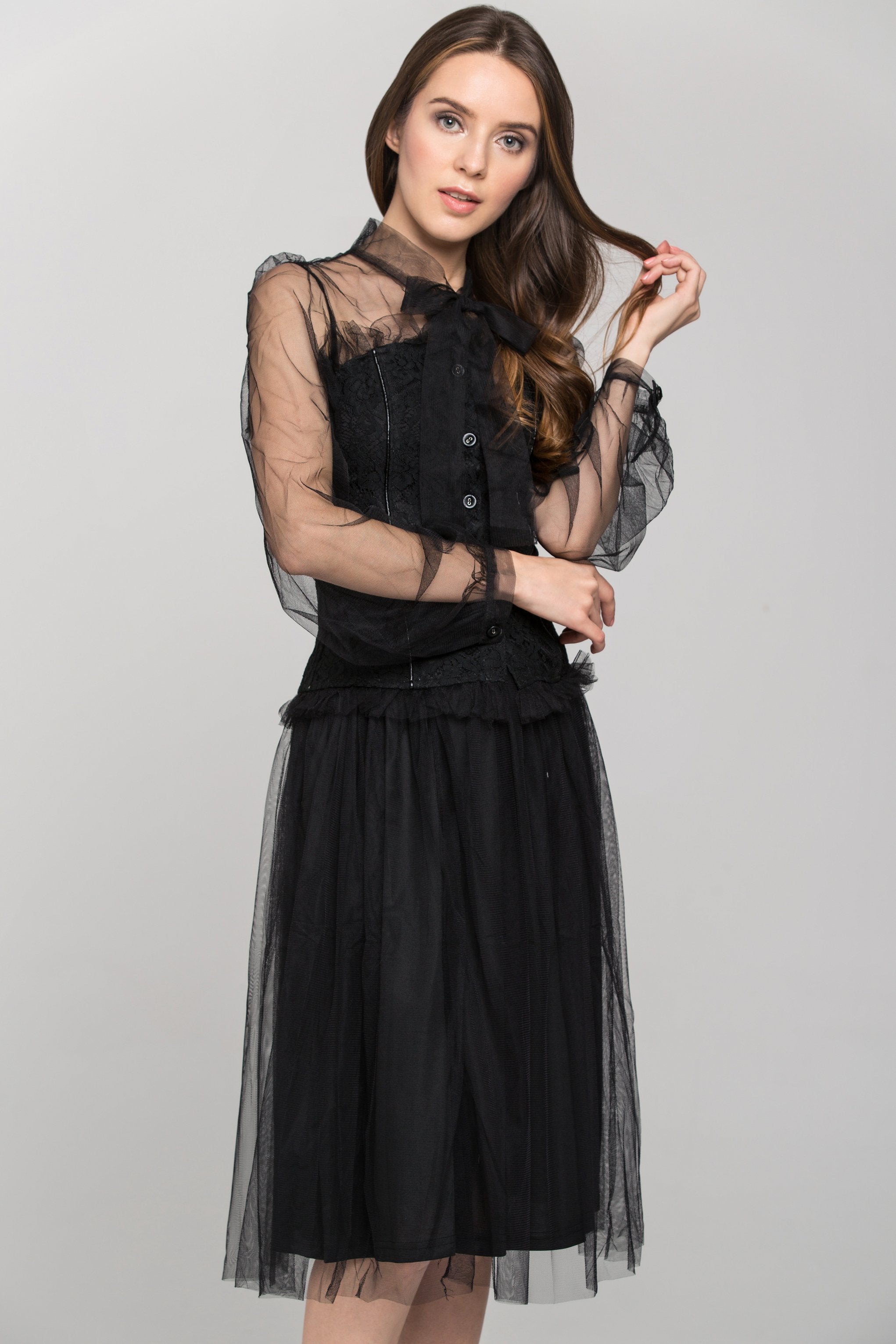 Black Burlesque Soft Tulle Two Piece Midi Dress - ownthelooks-Development