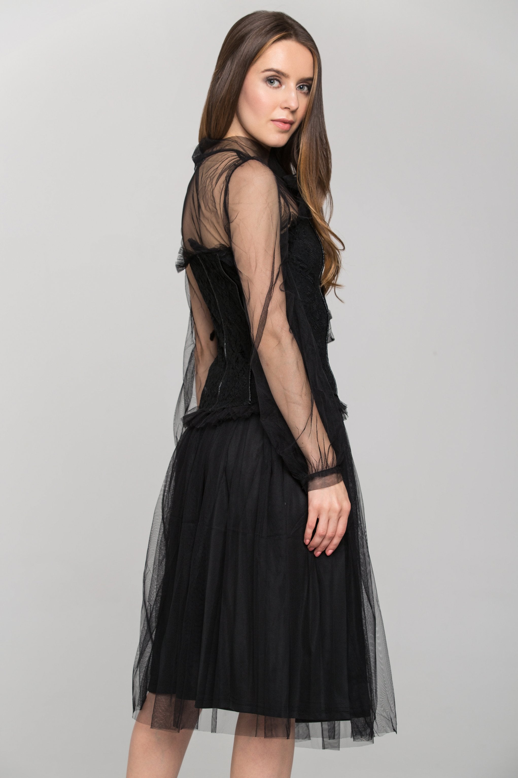 Black Burlesque Soft Tulle Two Piece Midi Dress - ownthelooks-Development