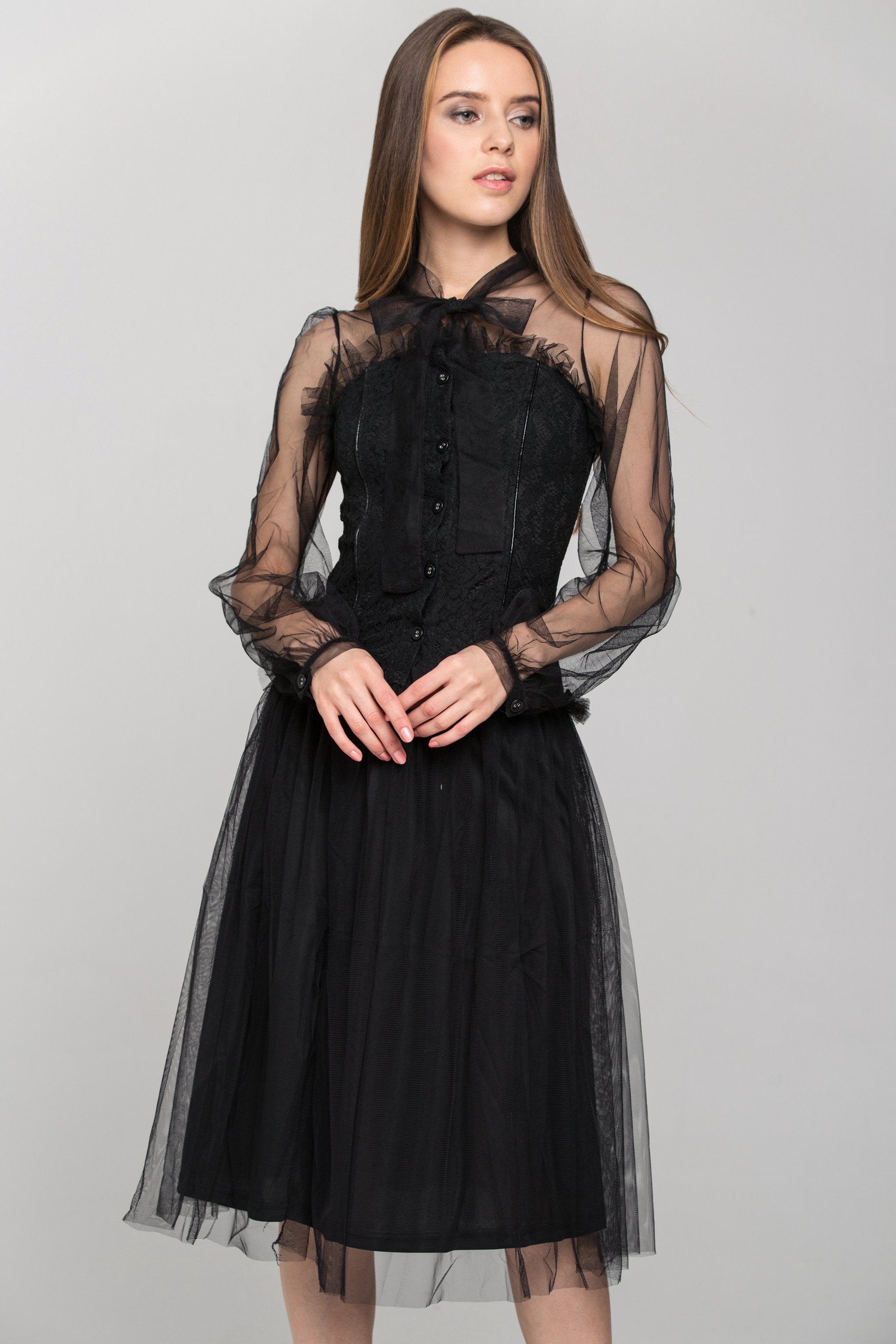 Black Burlesque Soft Tulle Two Piece Midi Dress - ownthelooks-Development