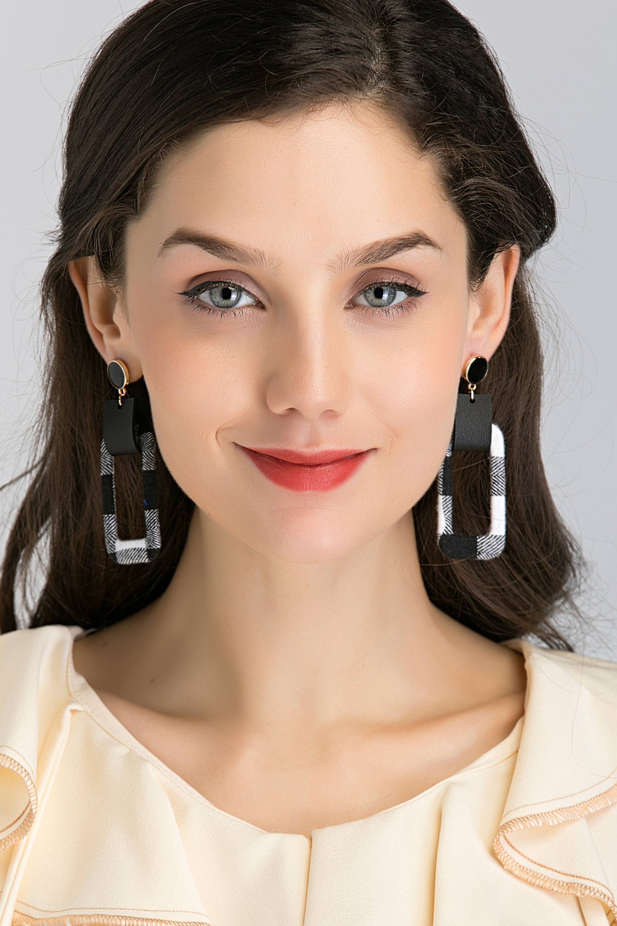 Black Button Stud and Check Rectangle Cut out Earrings - ownthelooks-Development