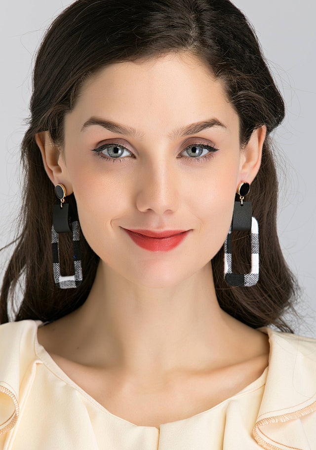 Black Button Stud and Check Rectangle Cut out Earrings - ownthelooks-Development