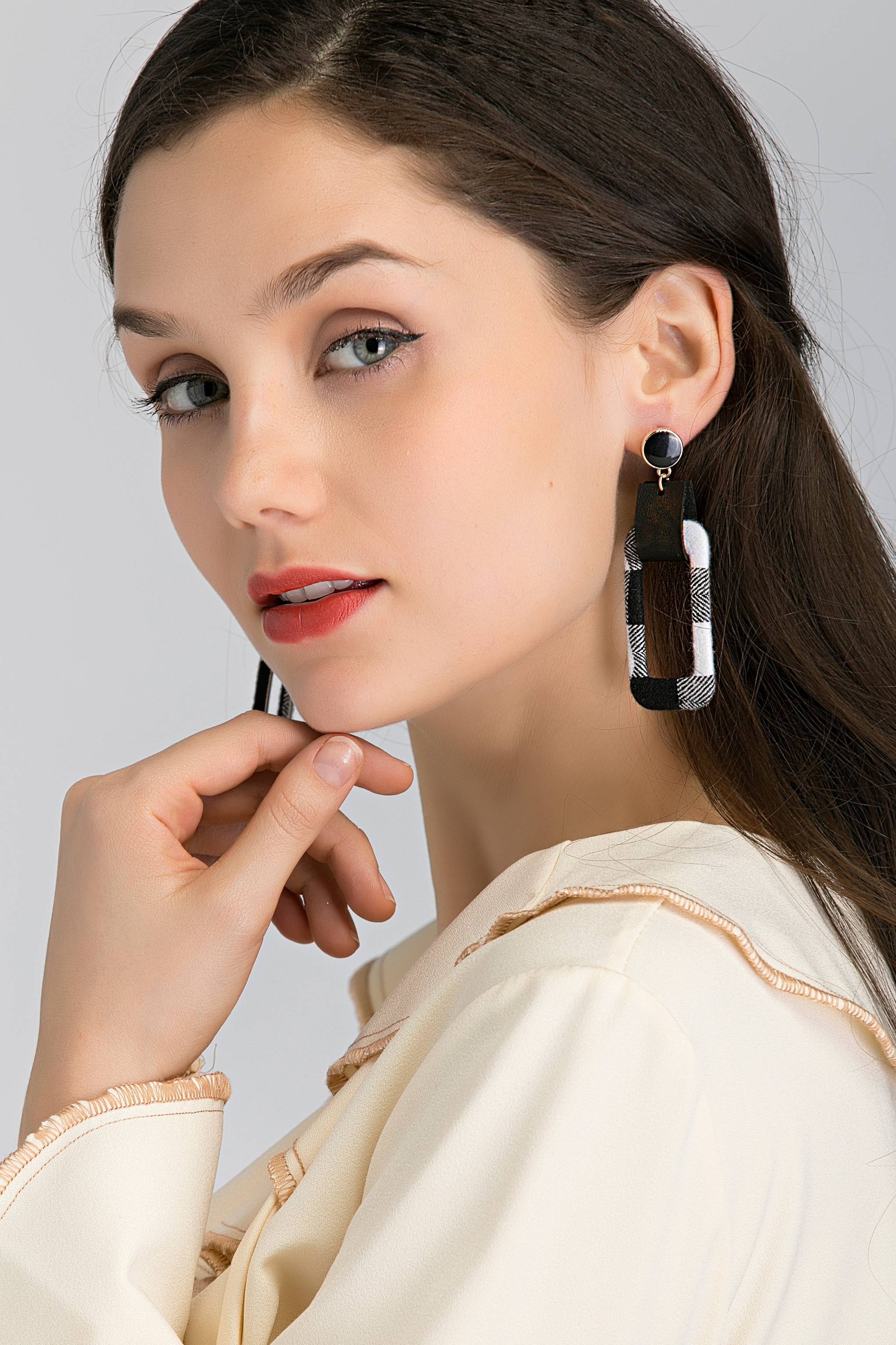 Black Button Stud and Check Rectangle Cut out Earrings - ownthelooks-Development