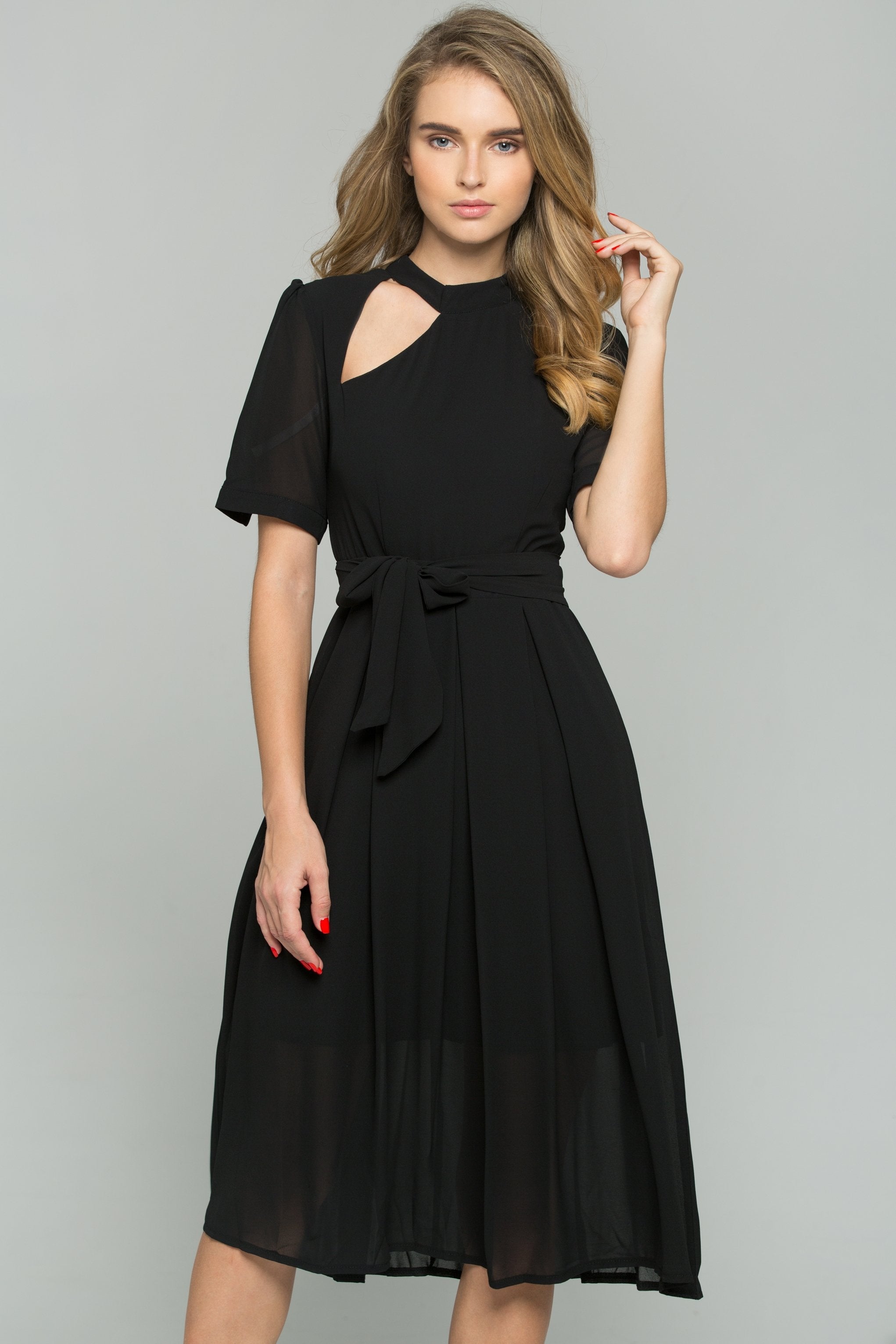 Black Chiffon Cut-out Sleeved Front Ribbon Strap Sheath Midi Dress - ownthelooks-Development