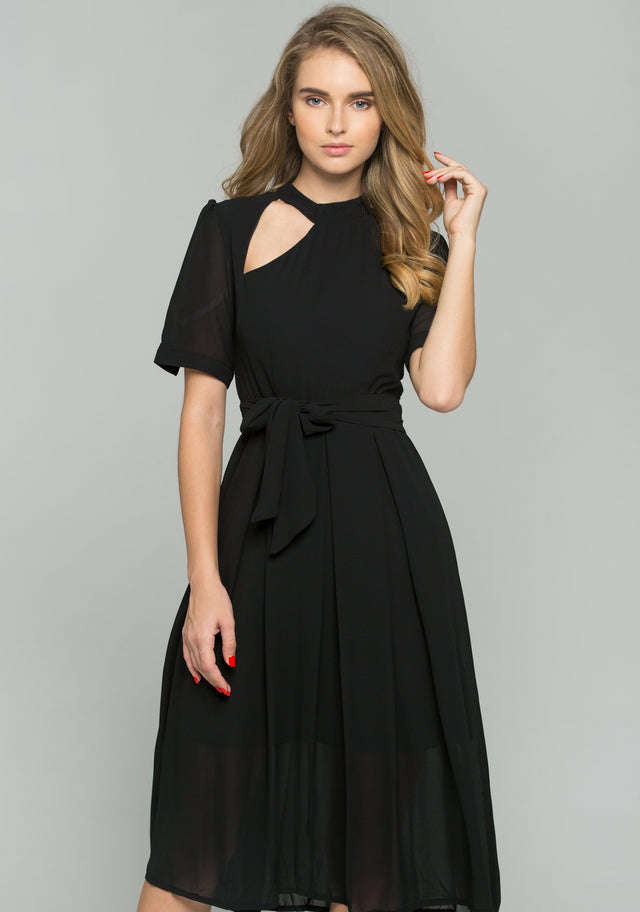 Black Chiffon Cut-out Sleeved Front Ribbon Strap Sheath Midi Dress - ownthelooks-Development