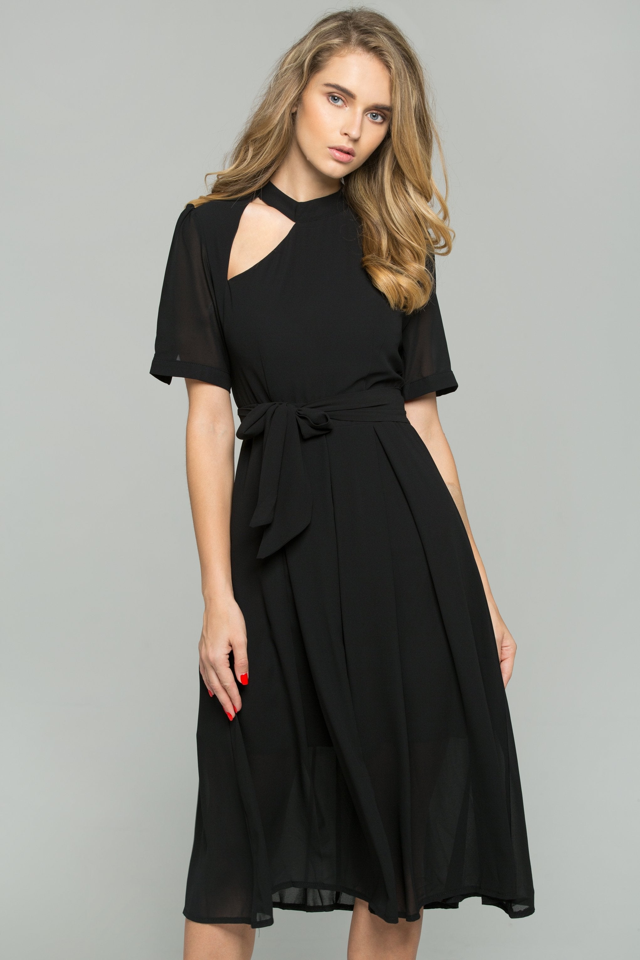 Black Chiffon Cut-out Sleeved Front Ribbon Strap Sheath Midi Dress - ownthelooks-Development
