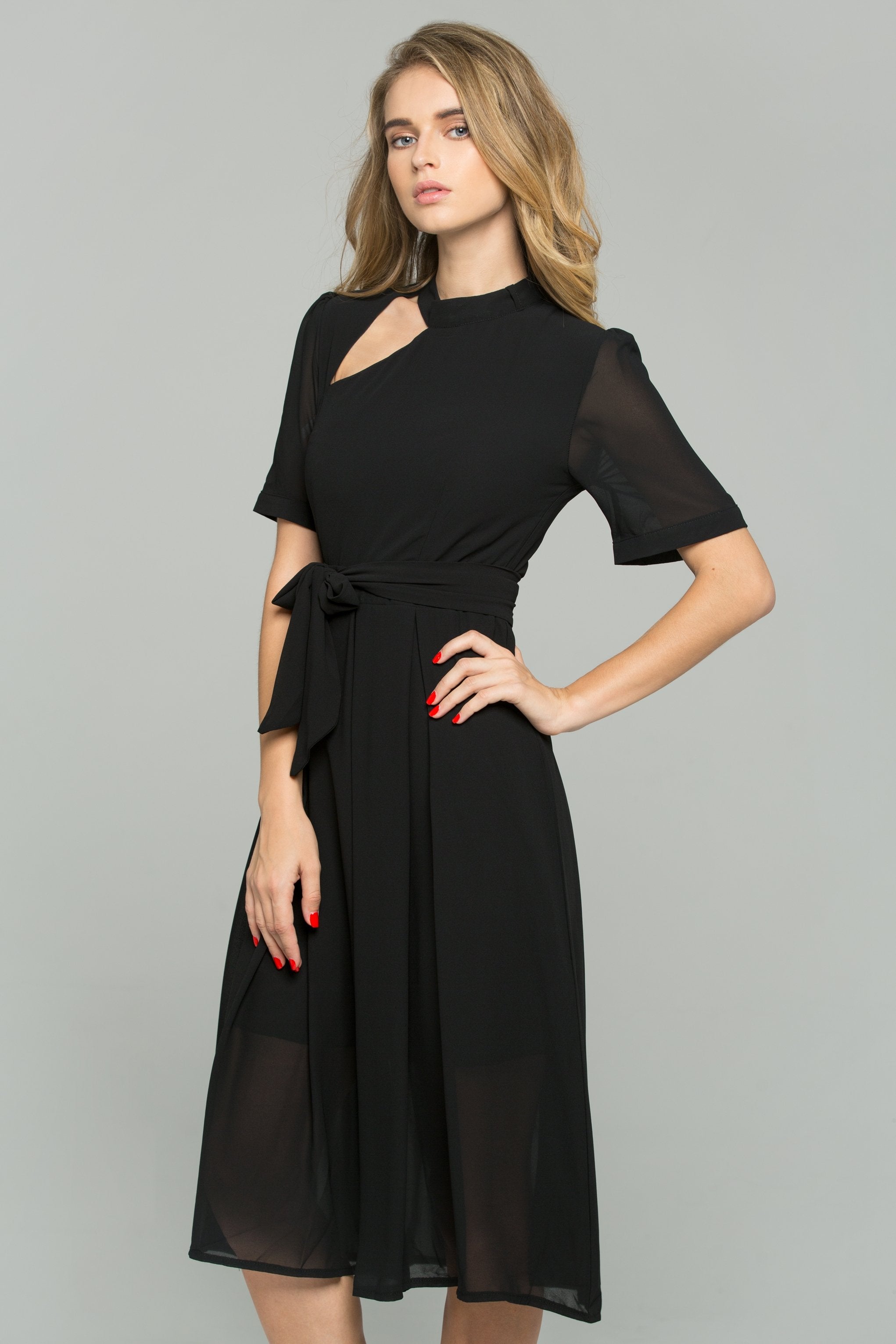 Black Chiffon Cut-out Sleeved Front Ribbon Strap Sheath Midi Dress - ownthelooks-Development