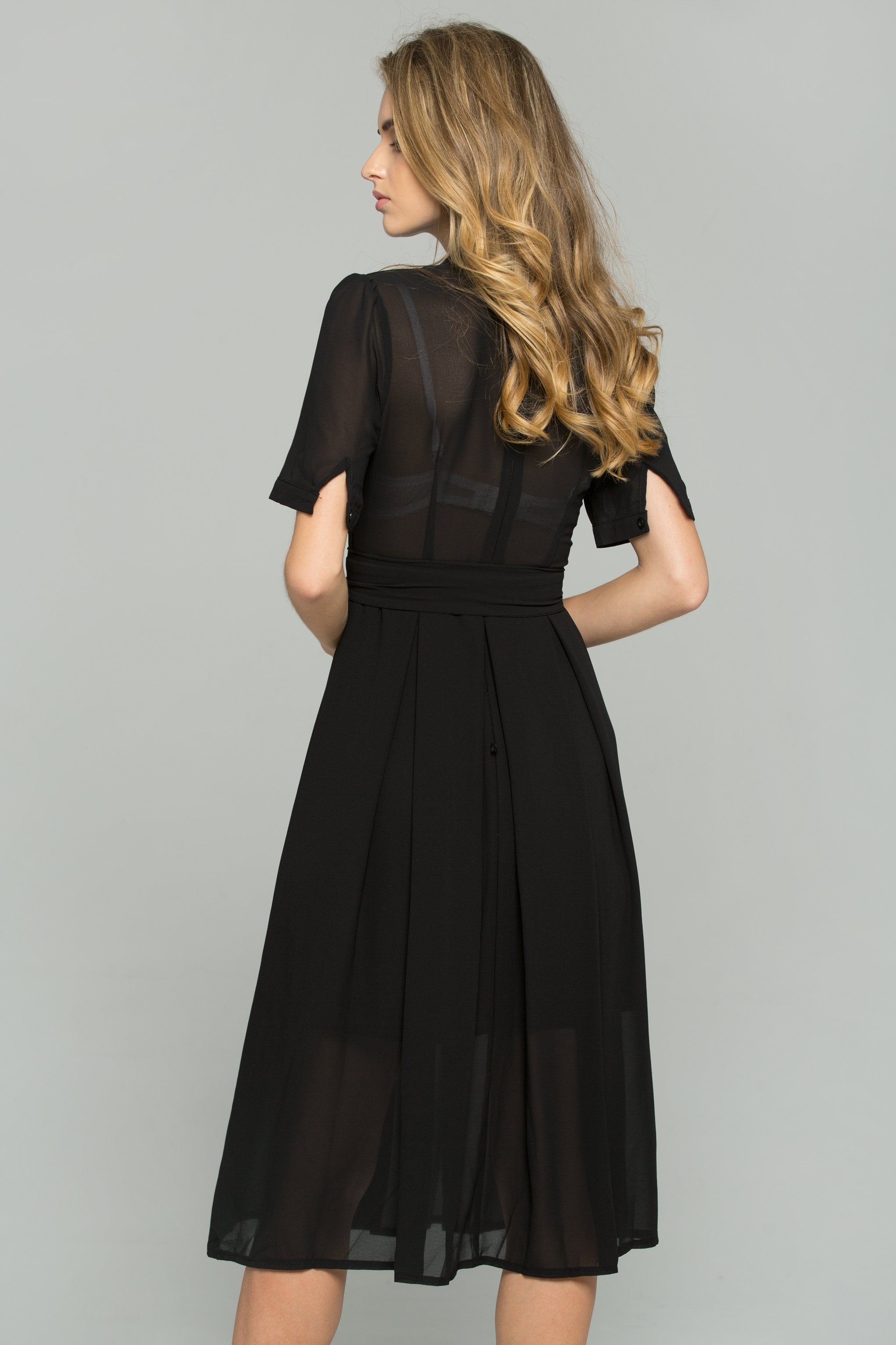 Black Chiffon Cut-out Sleeved Front Ribbon Strap Sheath Midi Dress - ownthelooks-Development