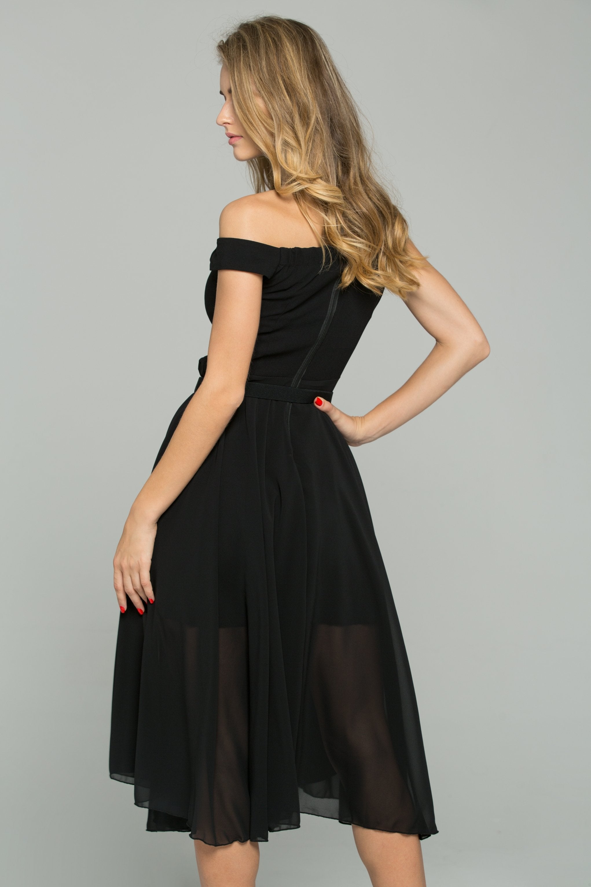 Black Chiffon Double Layer Off-The-Shoulder A-Line Midi Dress - ownthelooks-Development