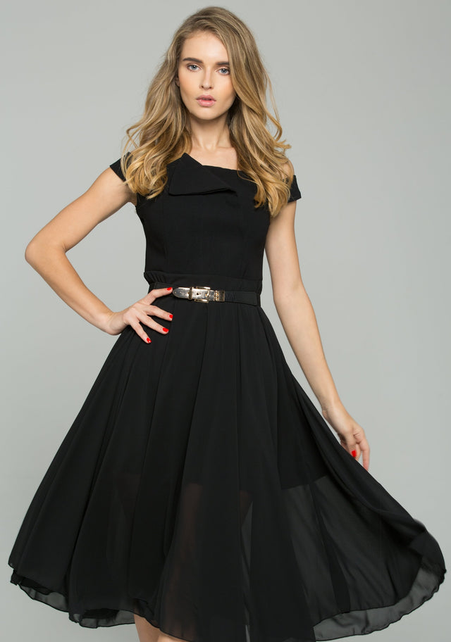 Black Chiffon Double Layer Off-The-Shoulder A-Line Midi Dress - ownthelooks-Development