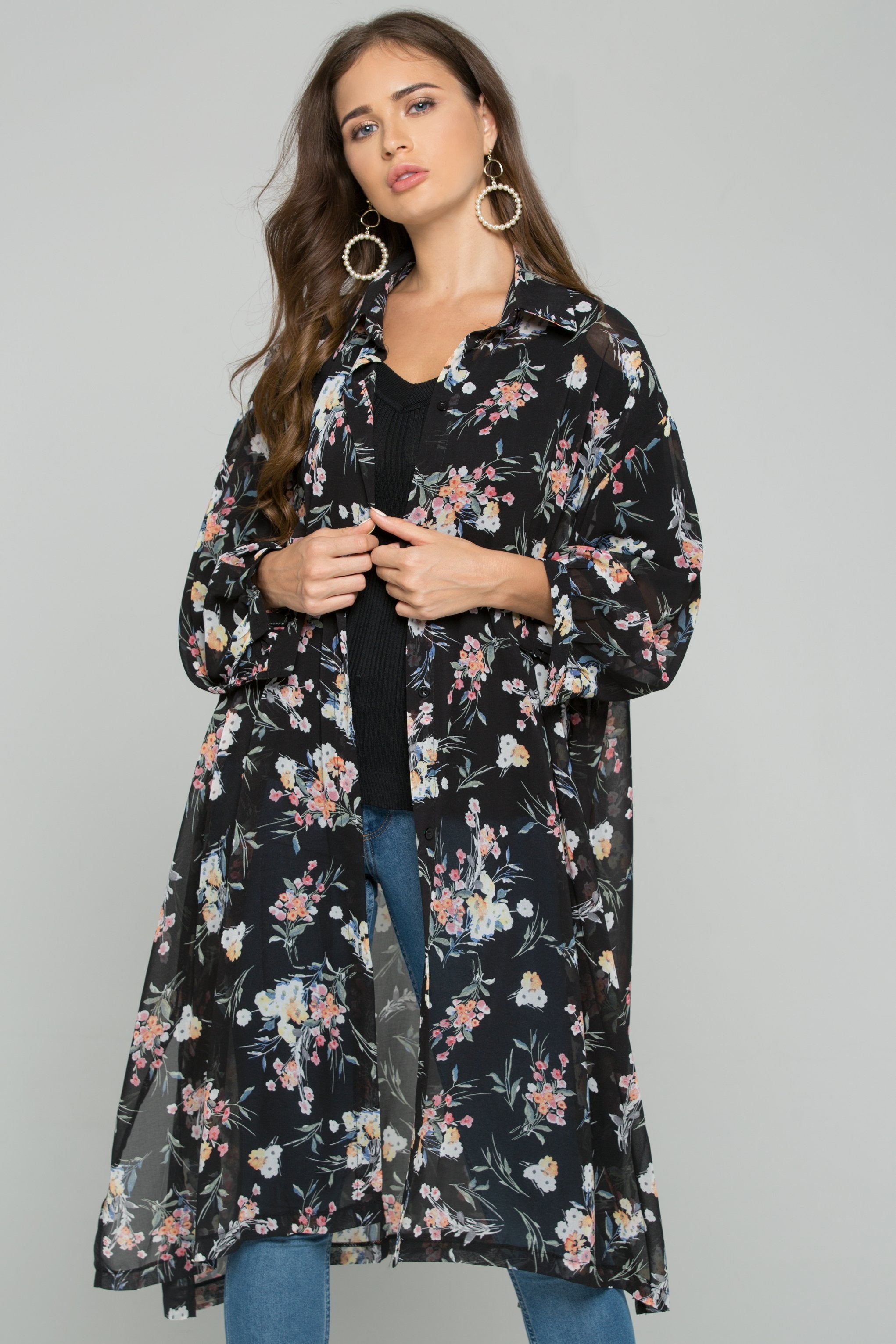 Black Chiffon Floral Print Hijab Long Sleeved Shirt - ownthelooks-Development