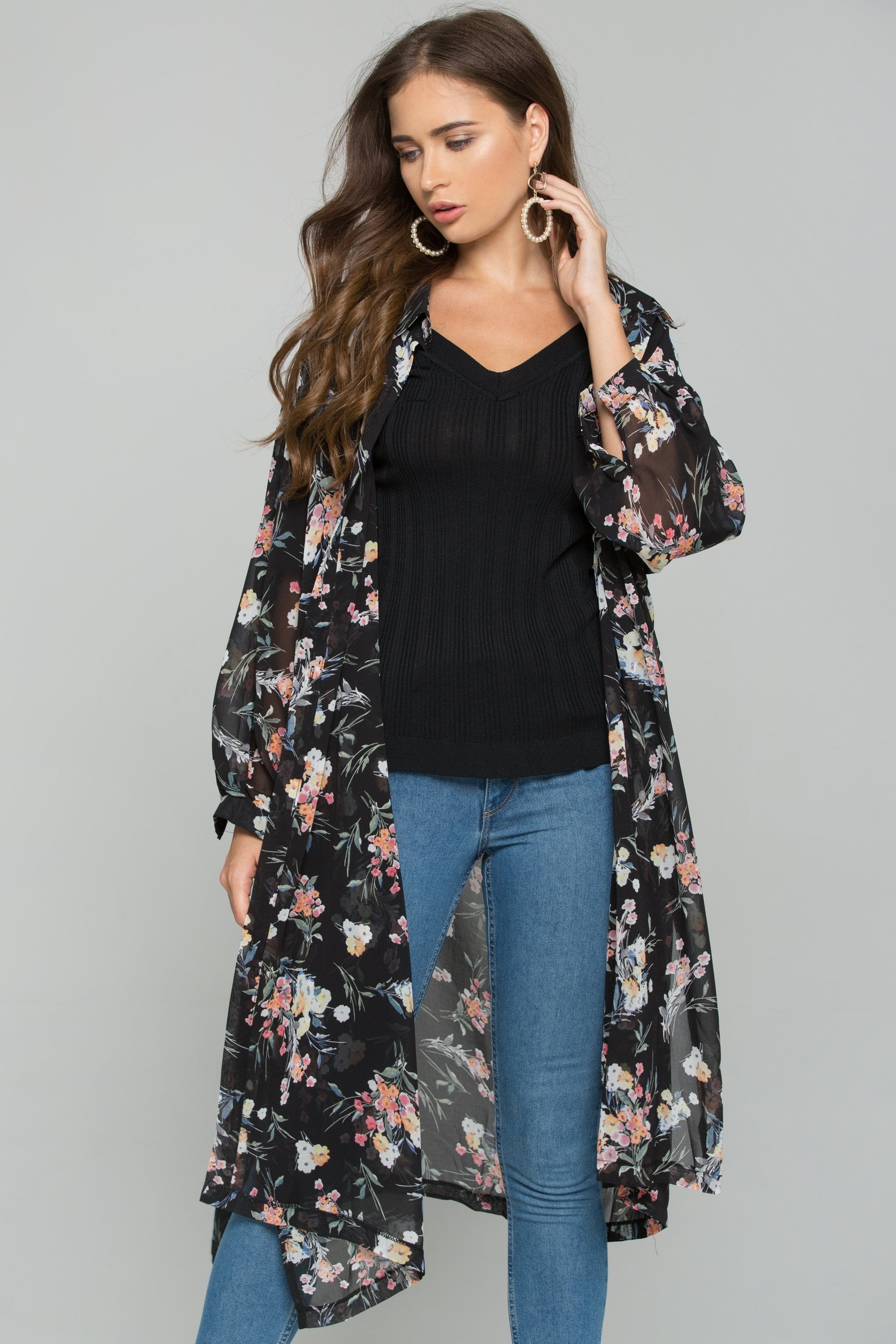 Black Chiffon Floral Print Hijab Long Sleeved Shirt - ownthelooks-Development