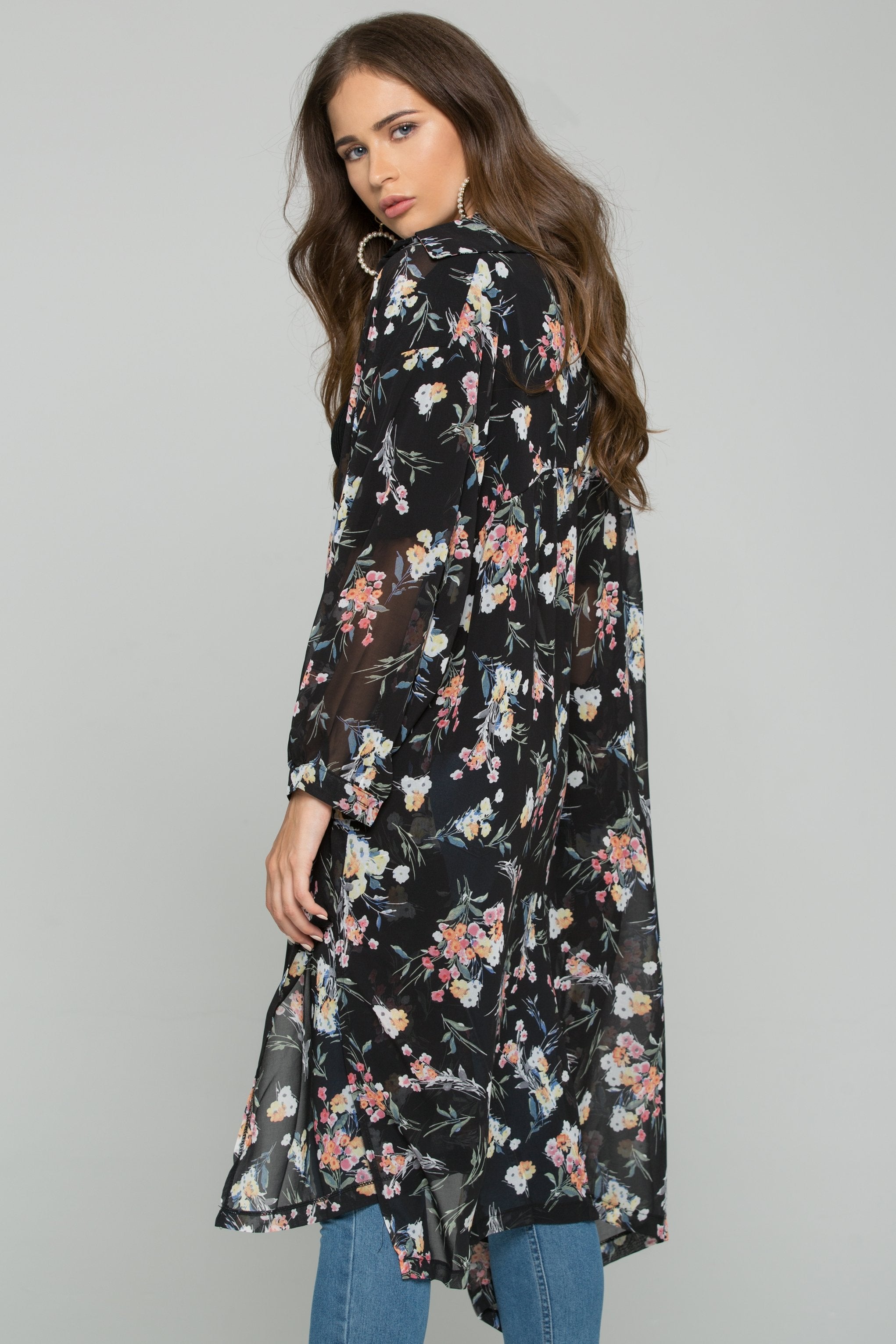 Black Chiffon Floral Print Hijab Long Sleeved Shirt - ownthelooks-Development