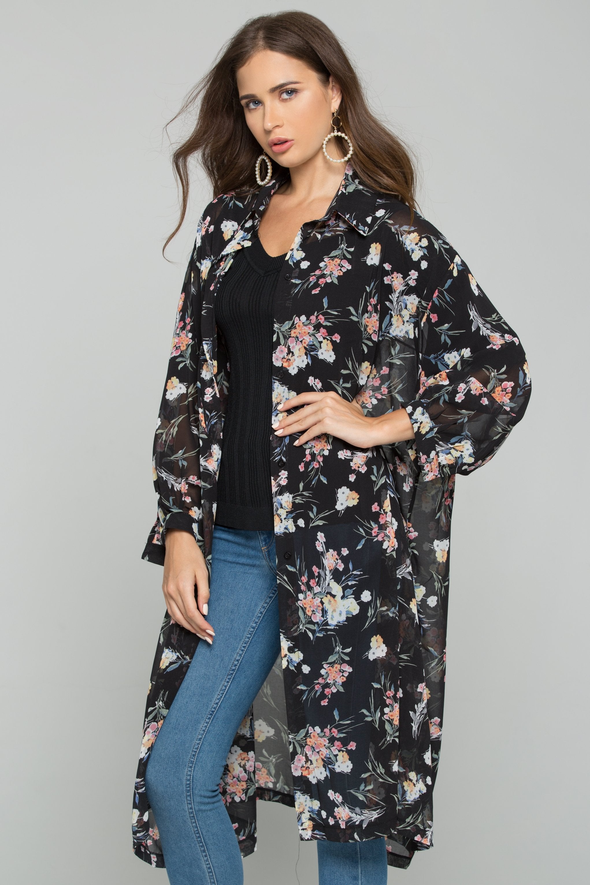 Black Chiffon Floral Print Hijab Long Sleeved Shirt - ownthelooks-Development