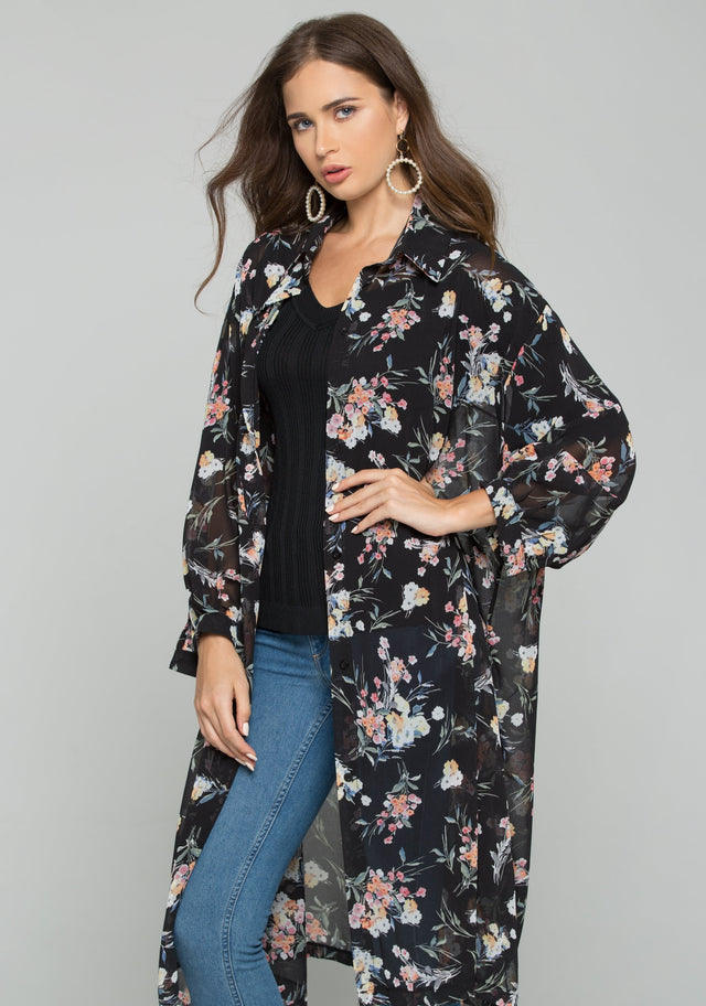 Black Chiffon Floral Print Hijab Long Sleeved Shirt - ownthelooks-Development