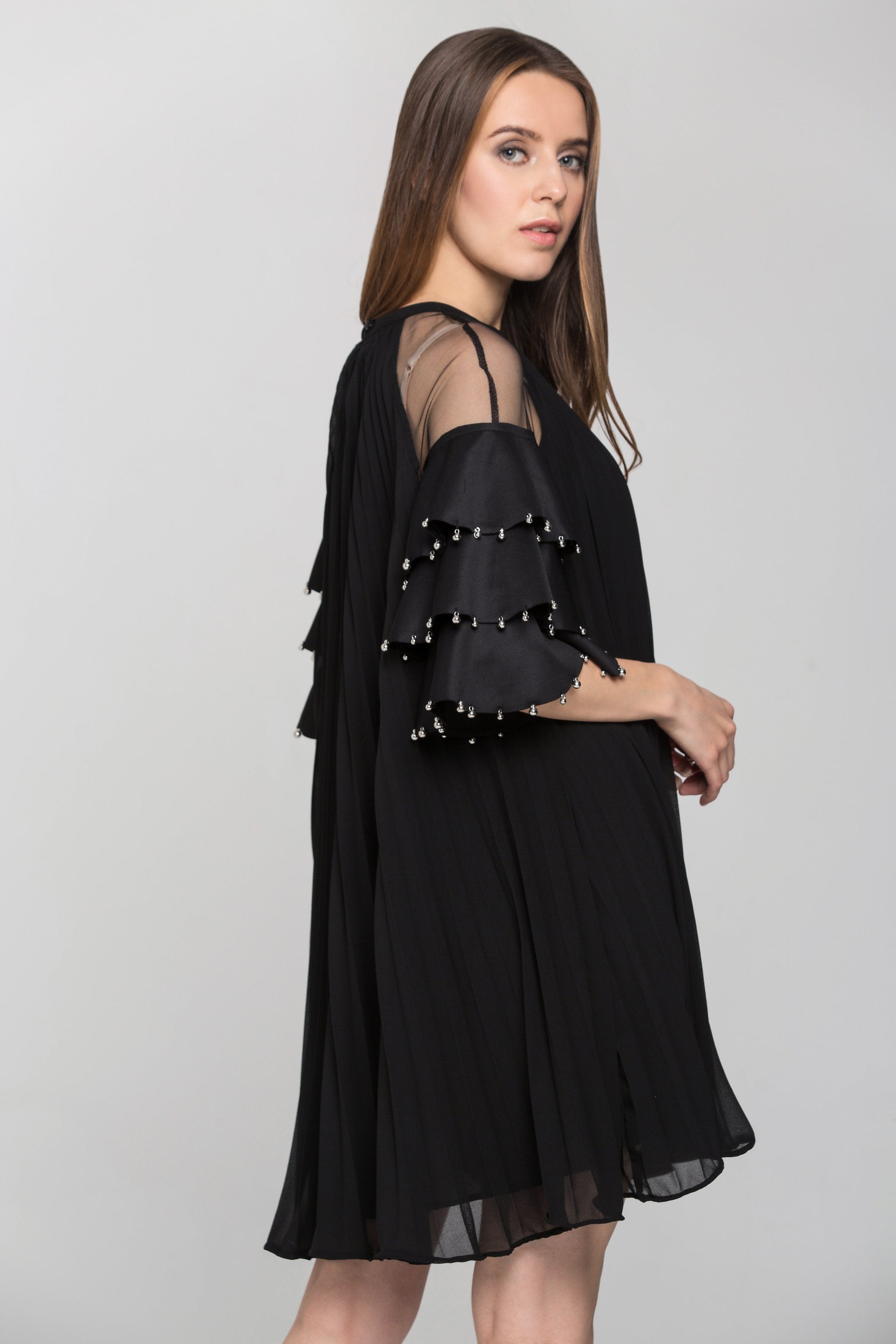 Black Chiffon Tiered Sleeves Pleated Tent Midi Dress - ownthelooks-Development