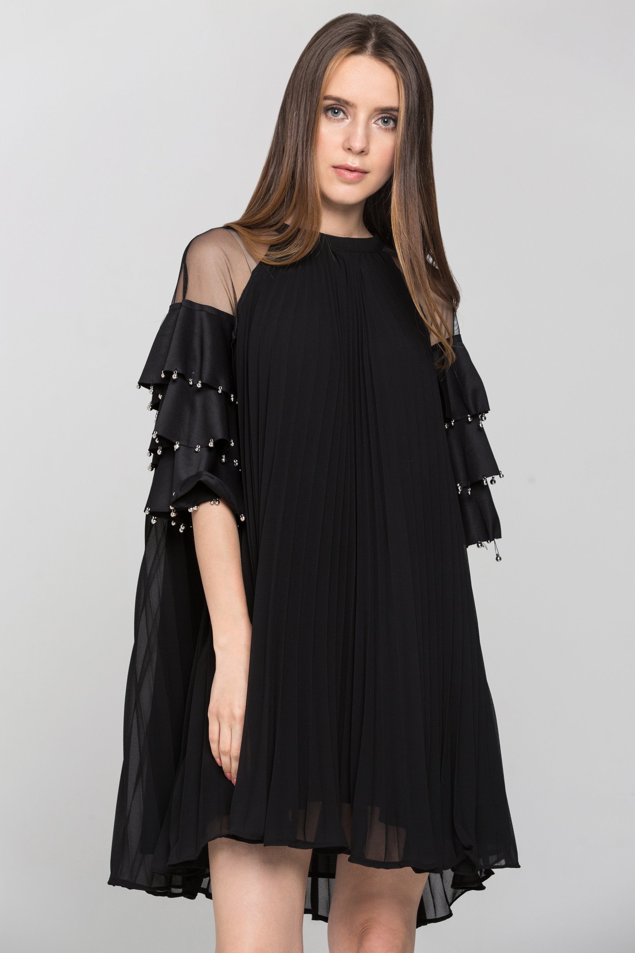 Black Chiffon Tiered Sleeves Pleated Tent Midi Dress - ownthelooks-Development