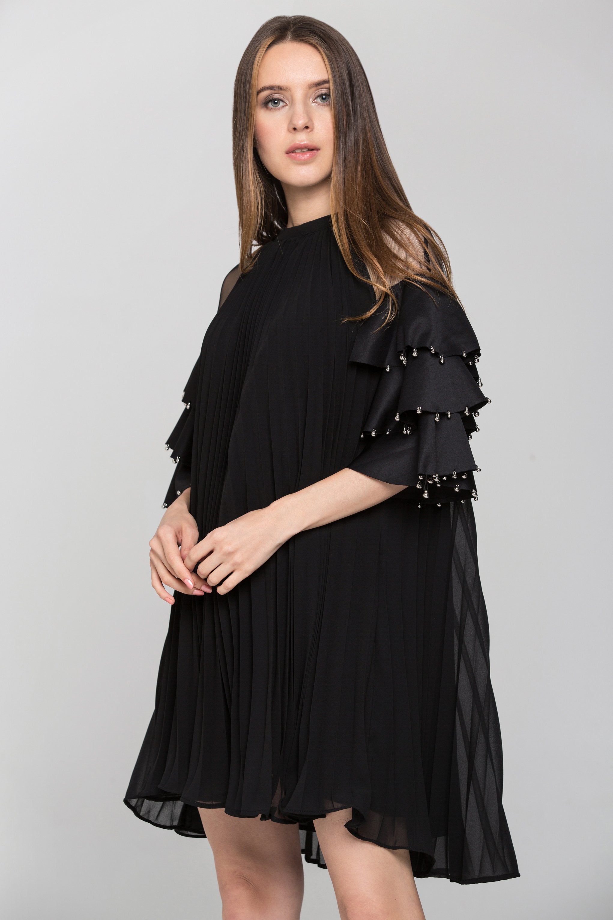 Black Chiffon Tiered Sleeves Pleated Tent Midi Dress - ownthelooks-Development