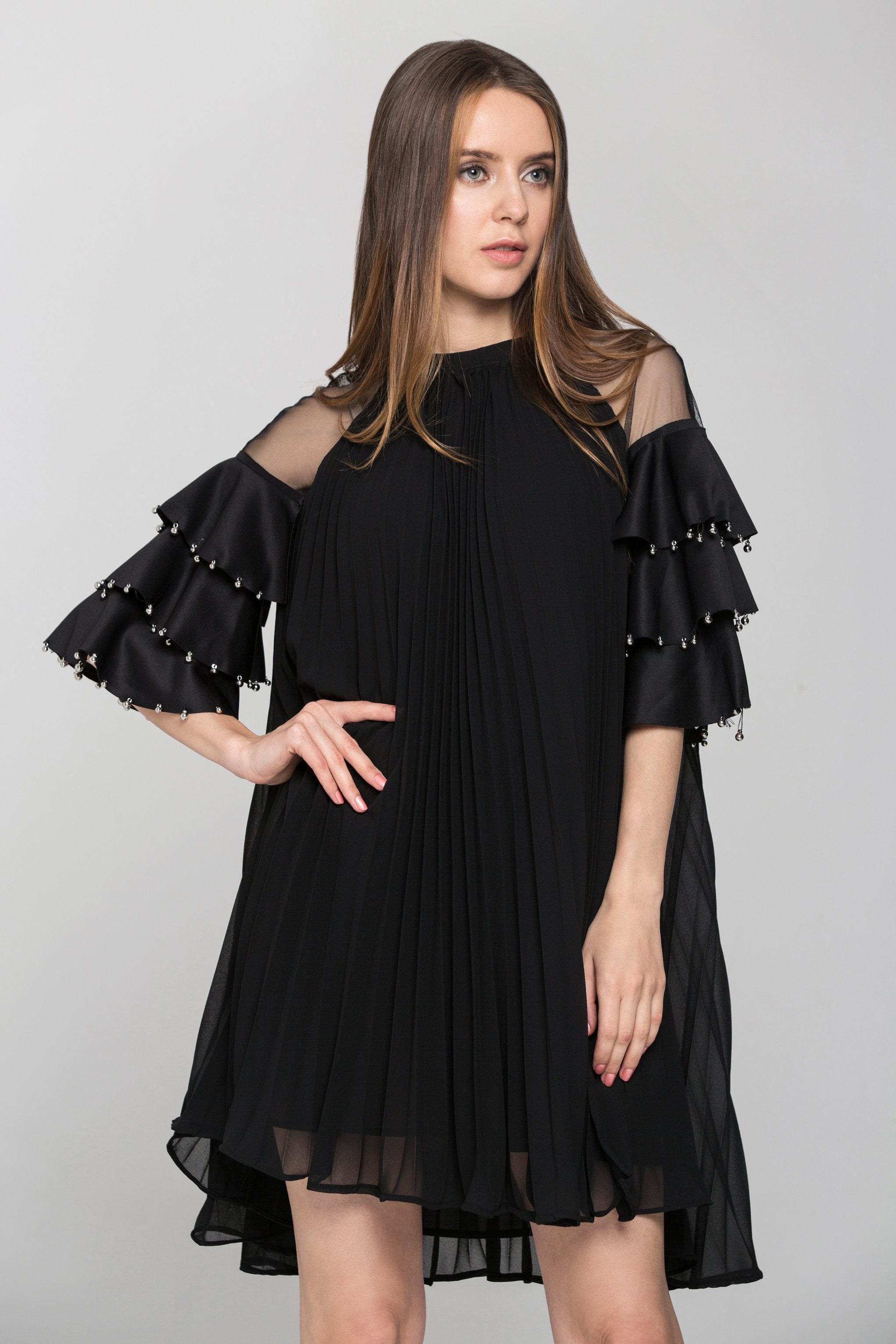 Black Chiffon Tiered Sleeves Pleated Tent Midi Dress - ownthelooks-Development