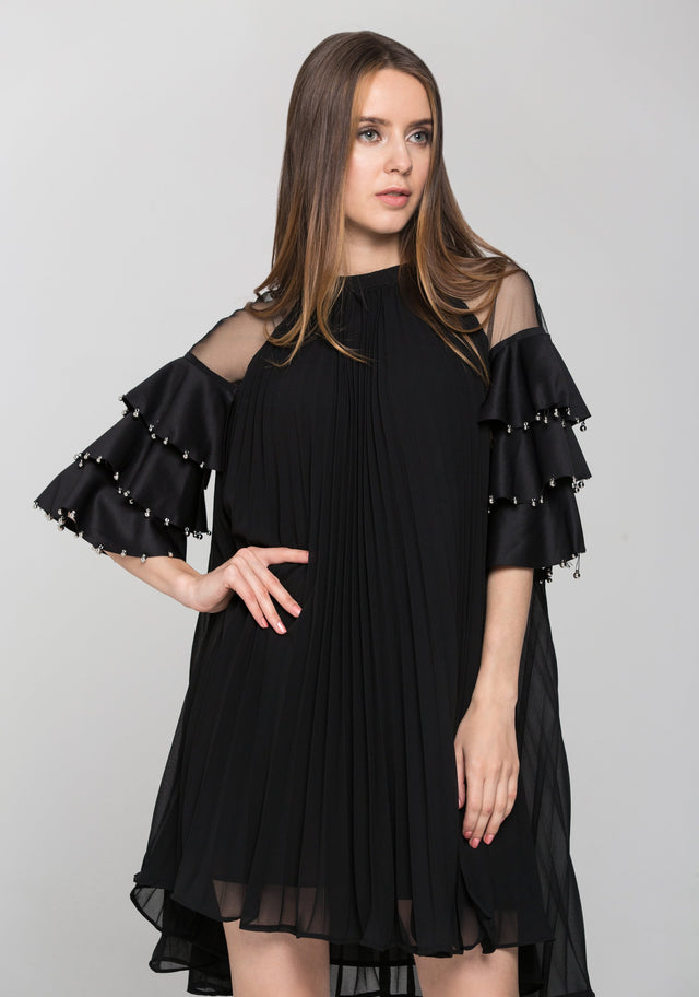 Black Chiffon Tiered Sleeves Pleated Tent Midi Dress - ownthelooks-Development