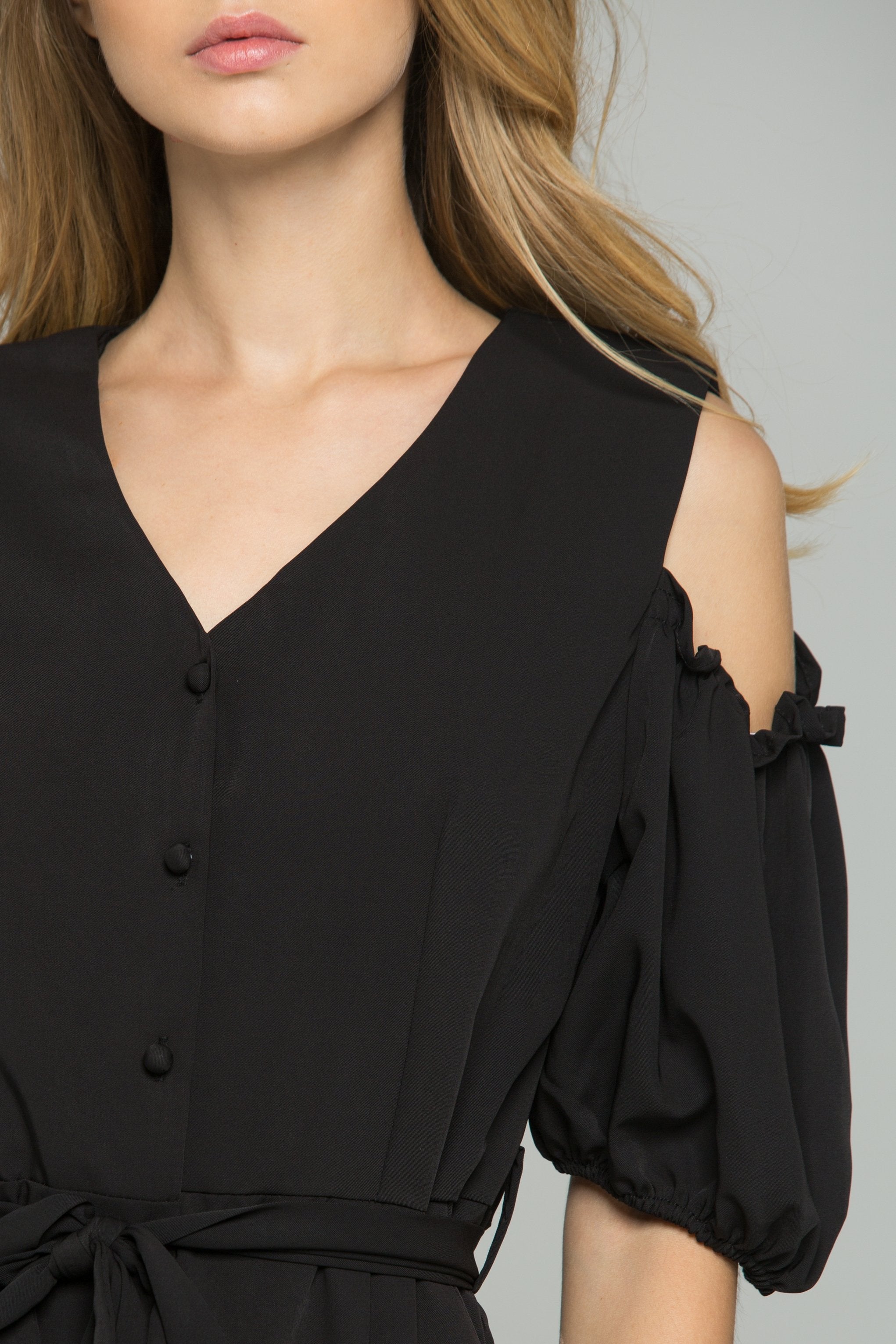 Black Cotton V-Neck Cold Shoulder Cinched Midi Dress - ownthelooks-Development