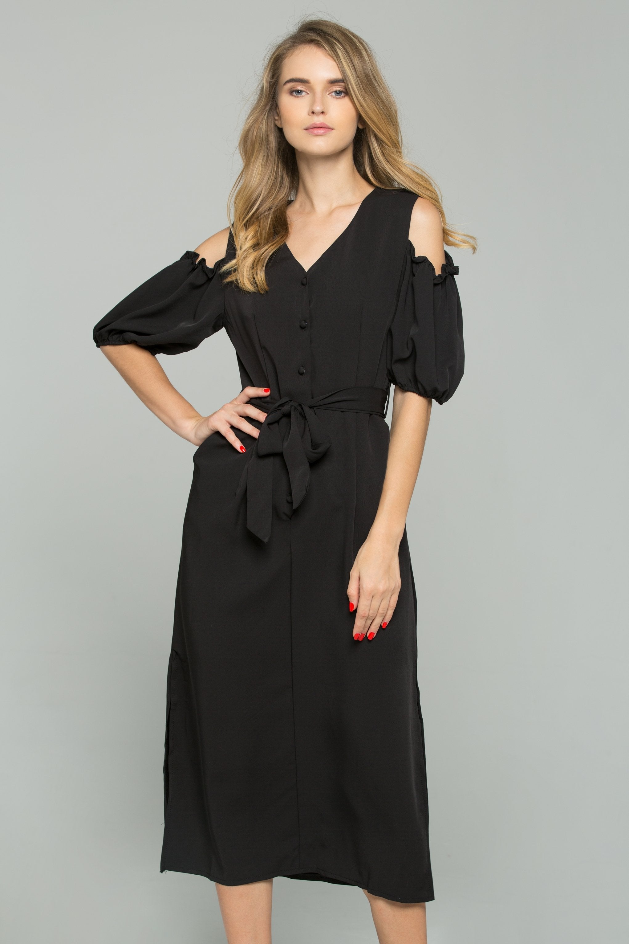 Black Cotton V-Neck Cold Shoulder Cinched Midi Dress - ownthelooks-Development