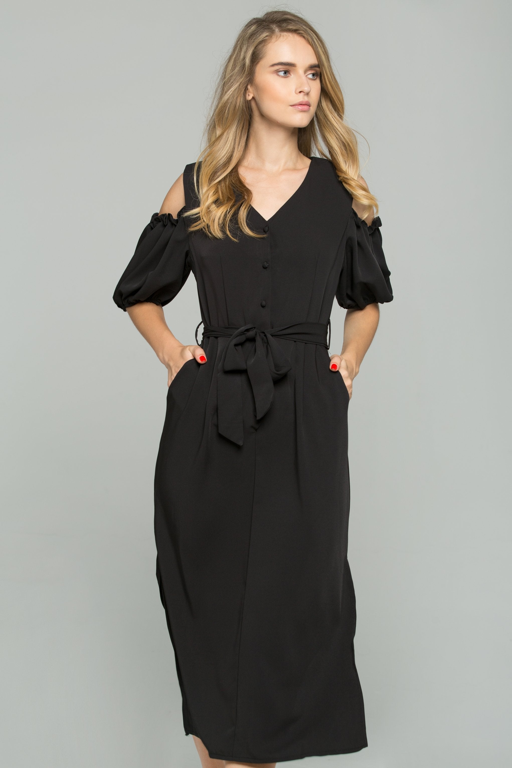 Black Cotton V-Neck Cold Shoulder Cinched Midi Dress - ownthelooks-Development