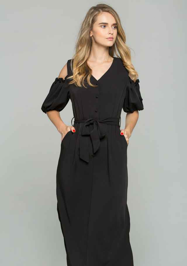 Black Cotton V-Neck Cold Shoulder Cinched Midi Dress - ownthelooks-Development