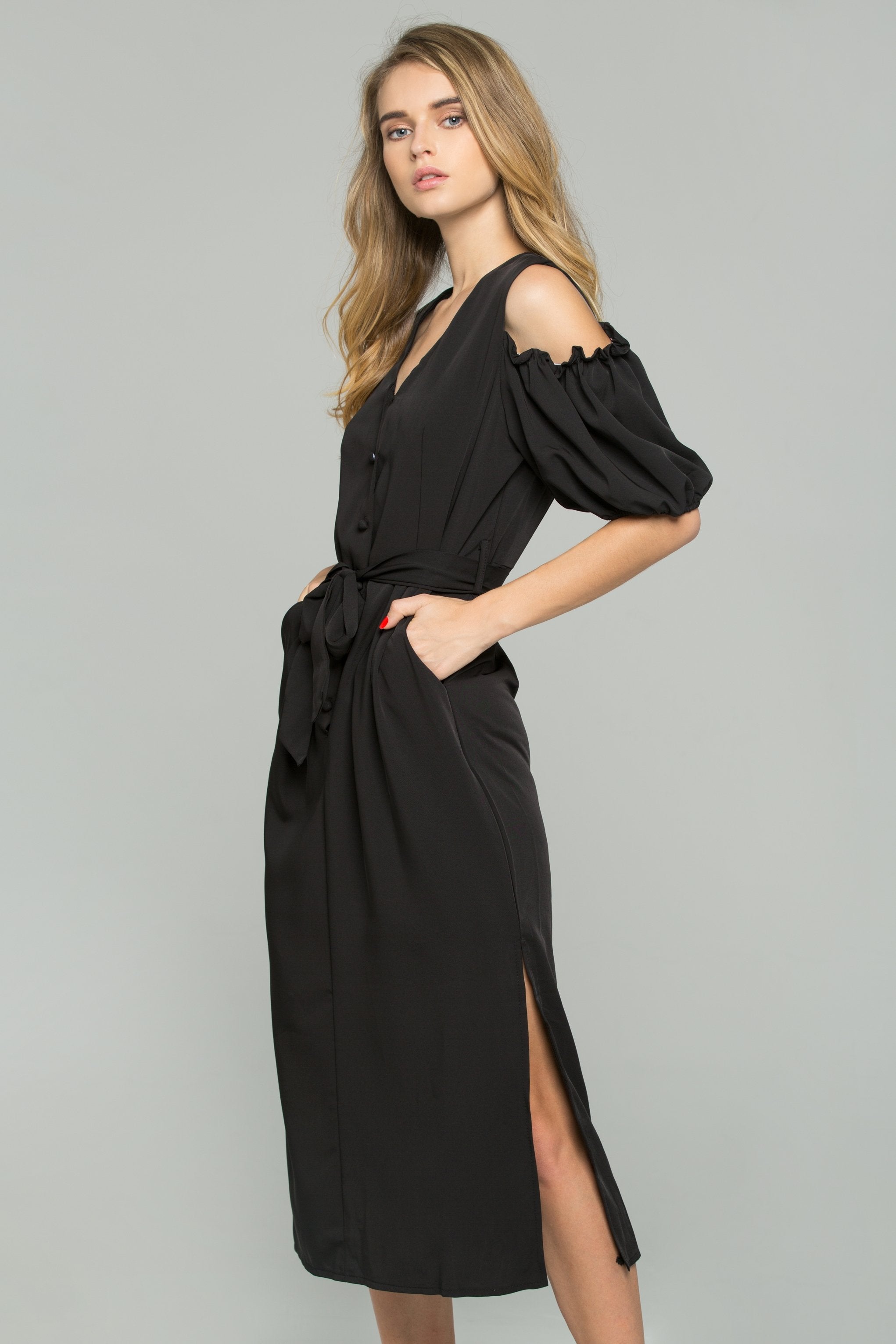 Black Cotton V-Neck Cold Shoulder Cinched Midi Dress - ownthelooks-Development