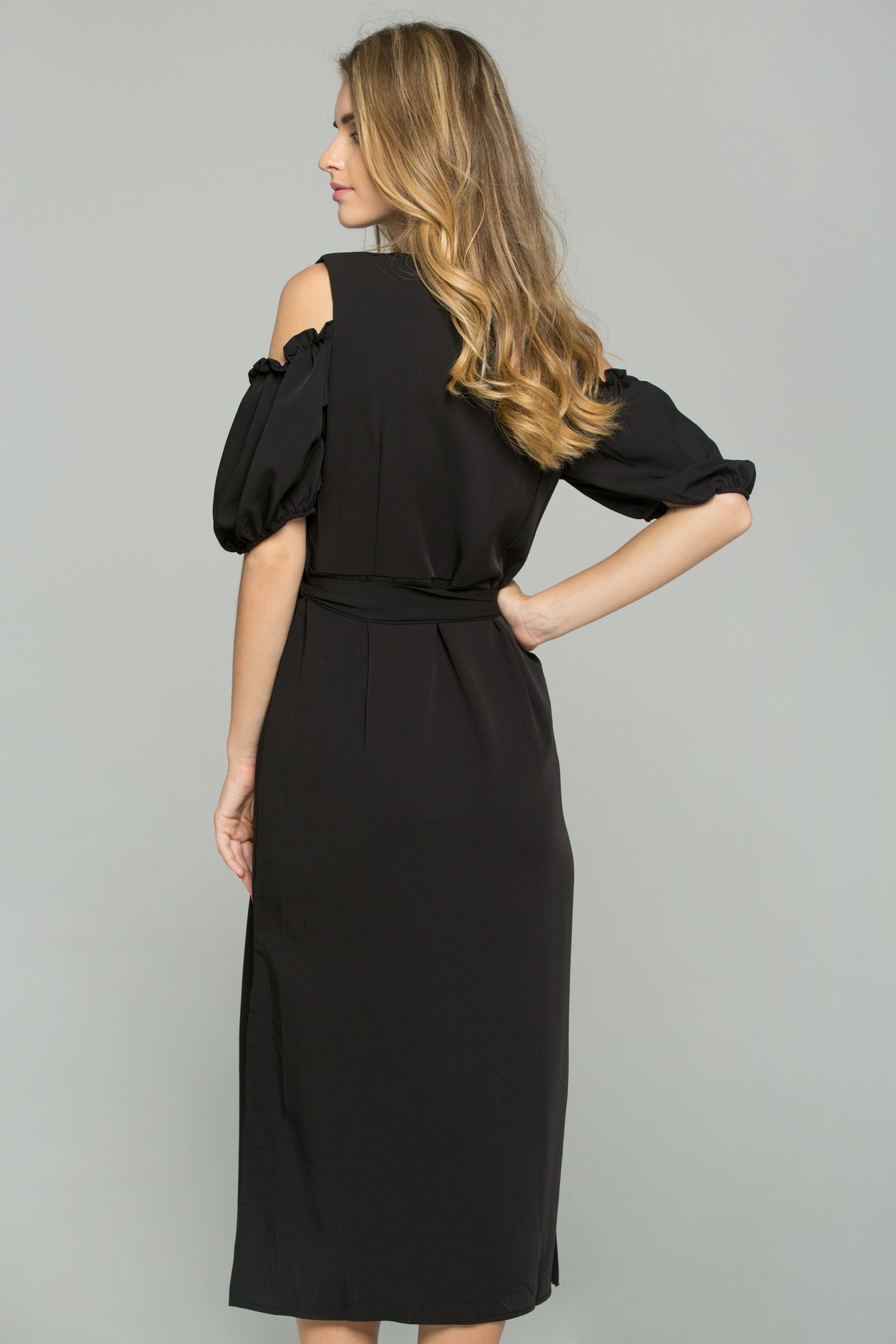 Black Cotton V-Neck Cold Shoulder Cinched Midi Dress - ownthelooks-Development