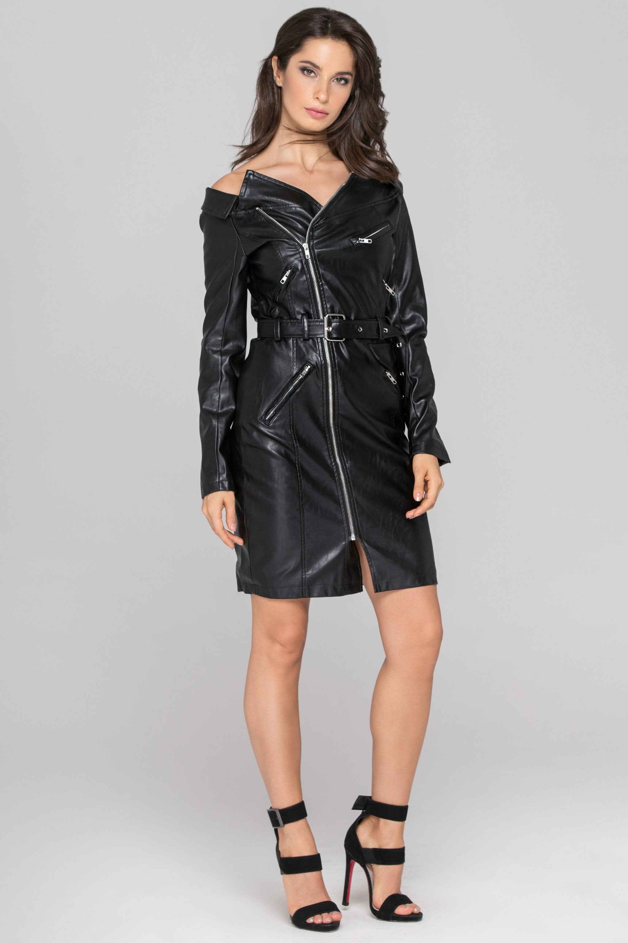 Fatima Almomen - Black Faux Leather Biker Chic Sleeved Mini Dress - ownthelooks-Development