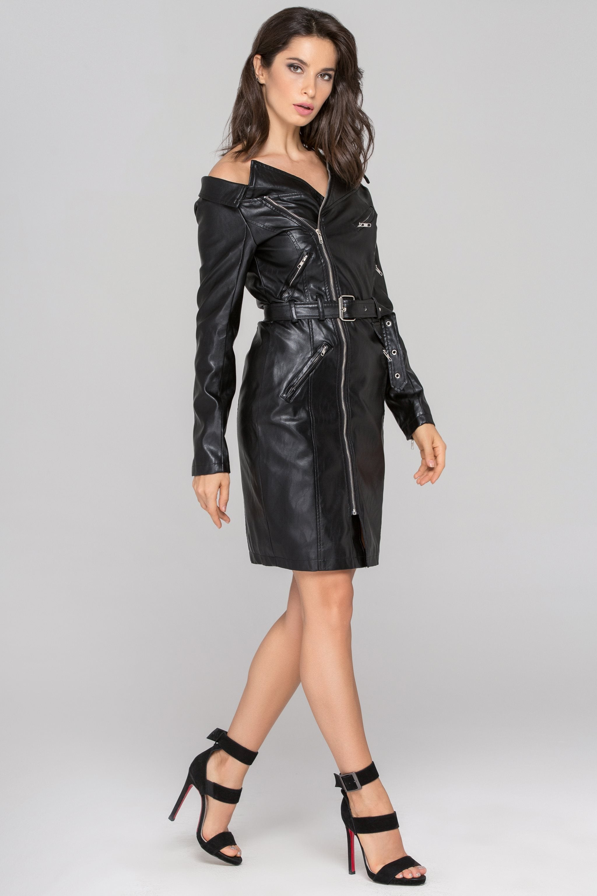Fatima Almomen - Black Faux Leather Biker Chic Sleeved Mini Dress - ownthelooks-Development