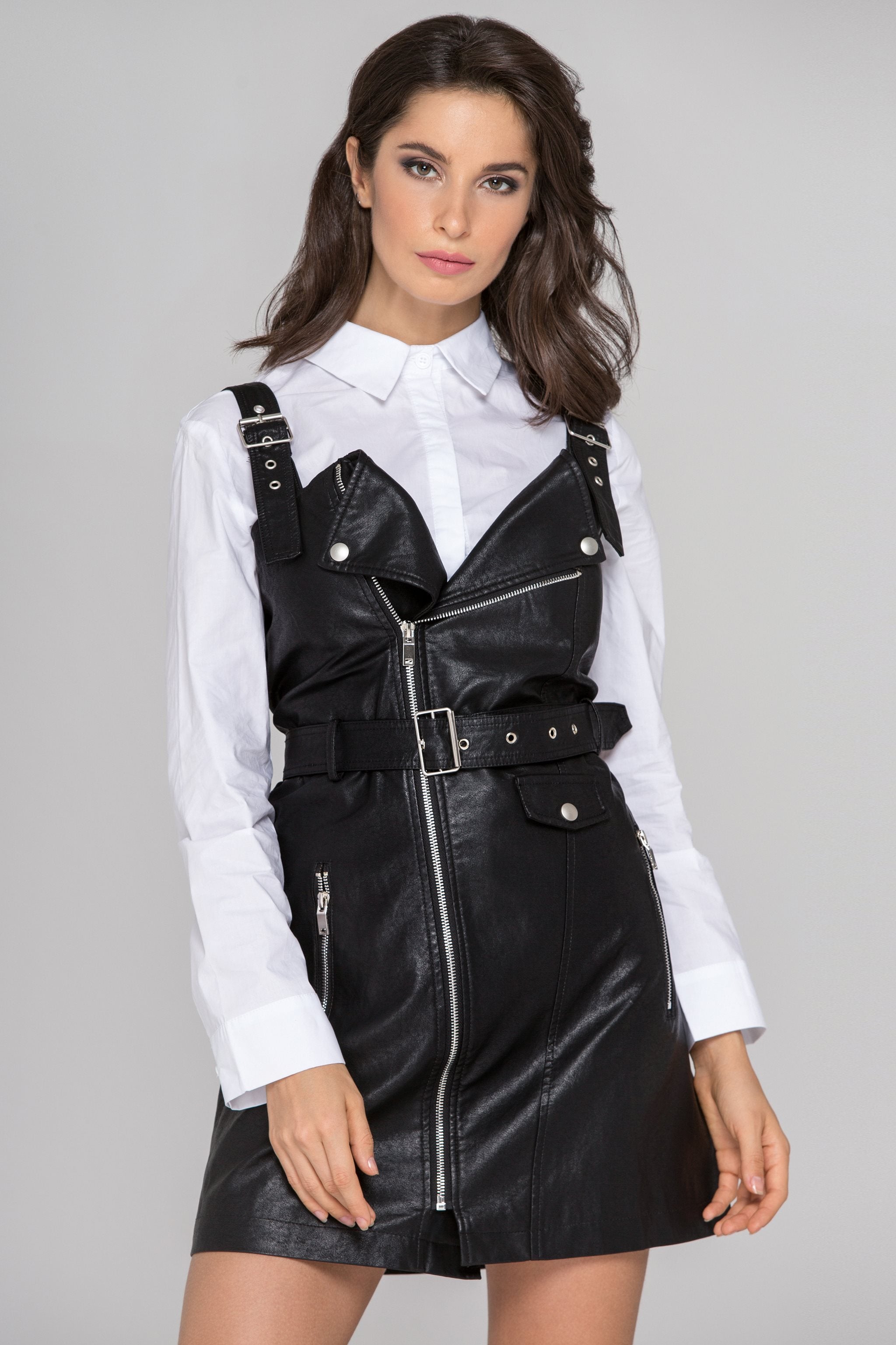 Black Faux Leather Biker Dress Set - ownthelooks-Development