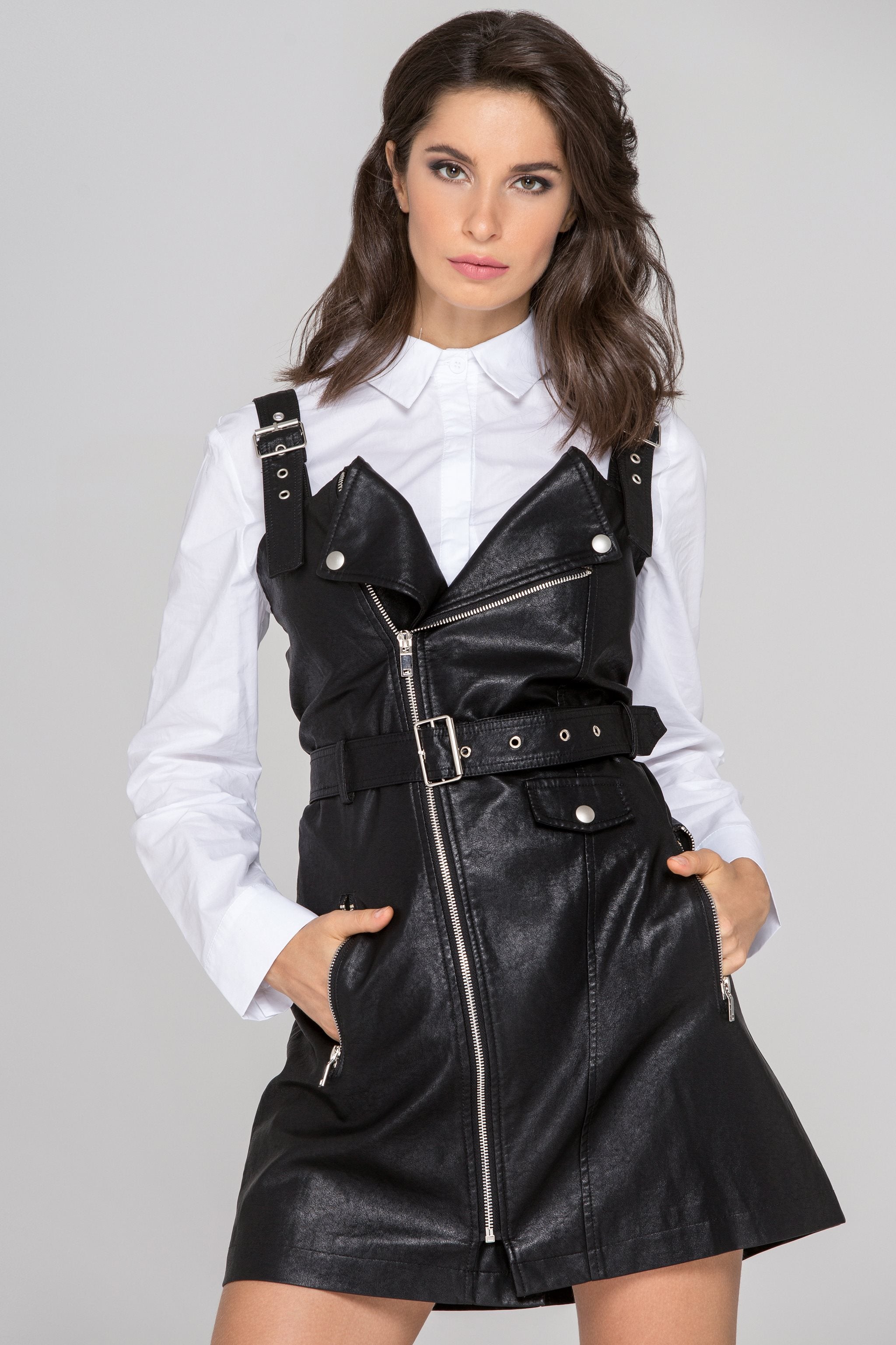 Black Faux Leather Biker Dress Set - ownthelooks-Development