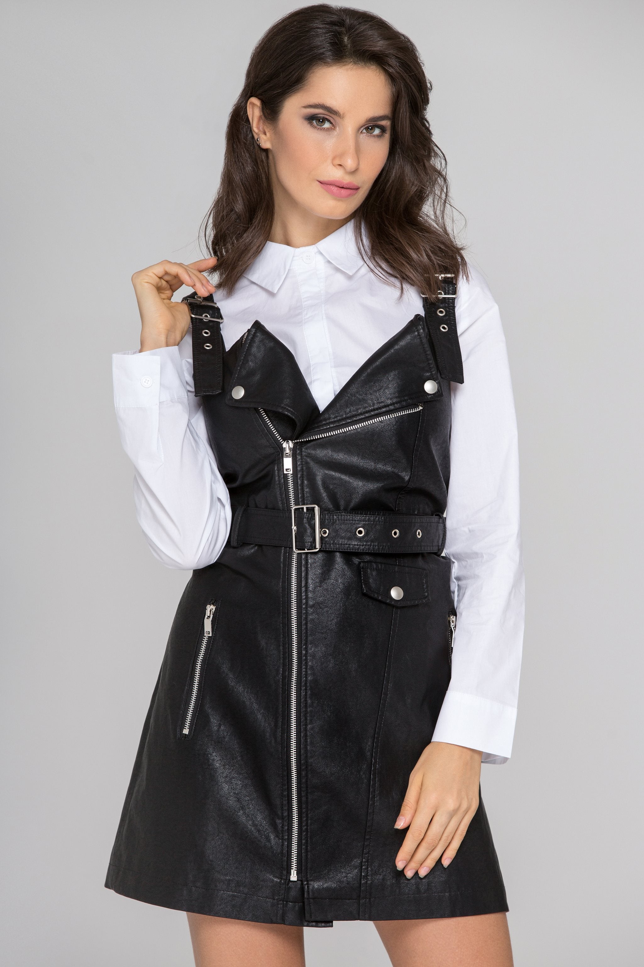 Black Faux Leather Biker Dress Set - ownthelooks-Development