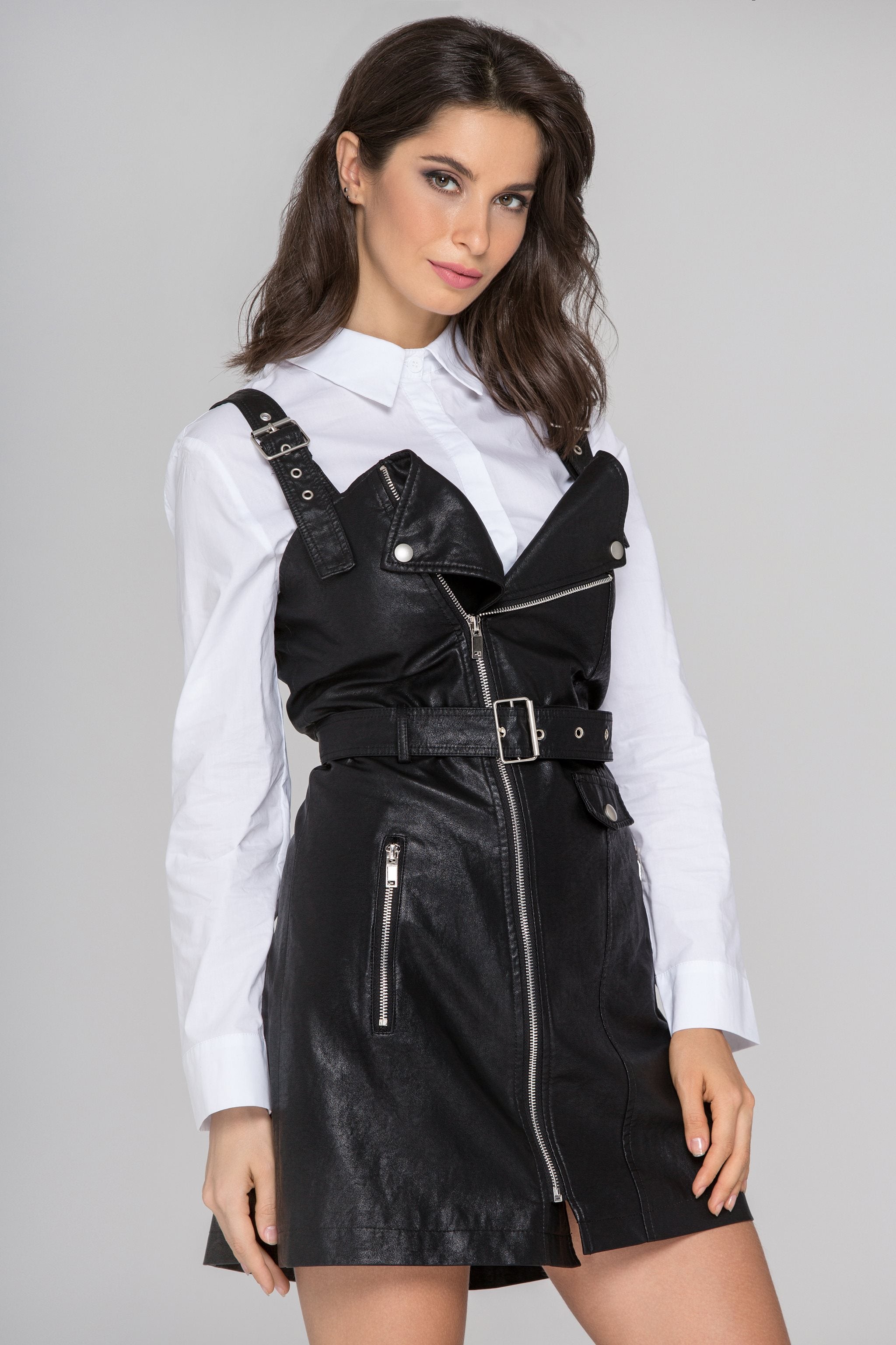 Black Faux Leather Biker Dress Set - ownthelooks-Development