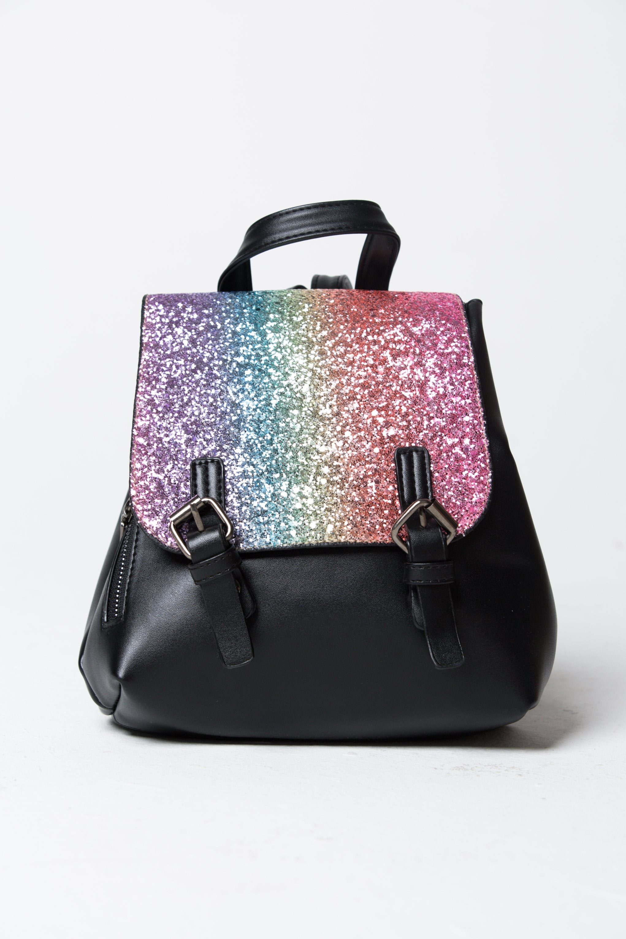 Black Faux Leather Rainbow  Shimmer Flap Backpack - ownthelooks-Development