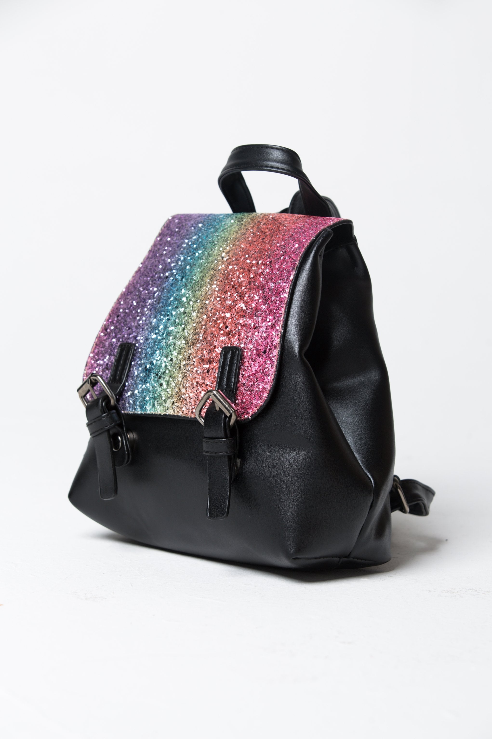 Black Faux Leather Rainbow  Shimmer Flap Backpack - ownthelooks-Development