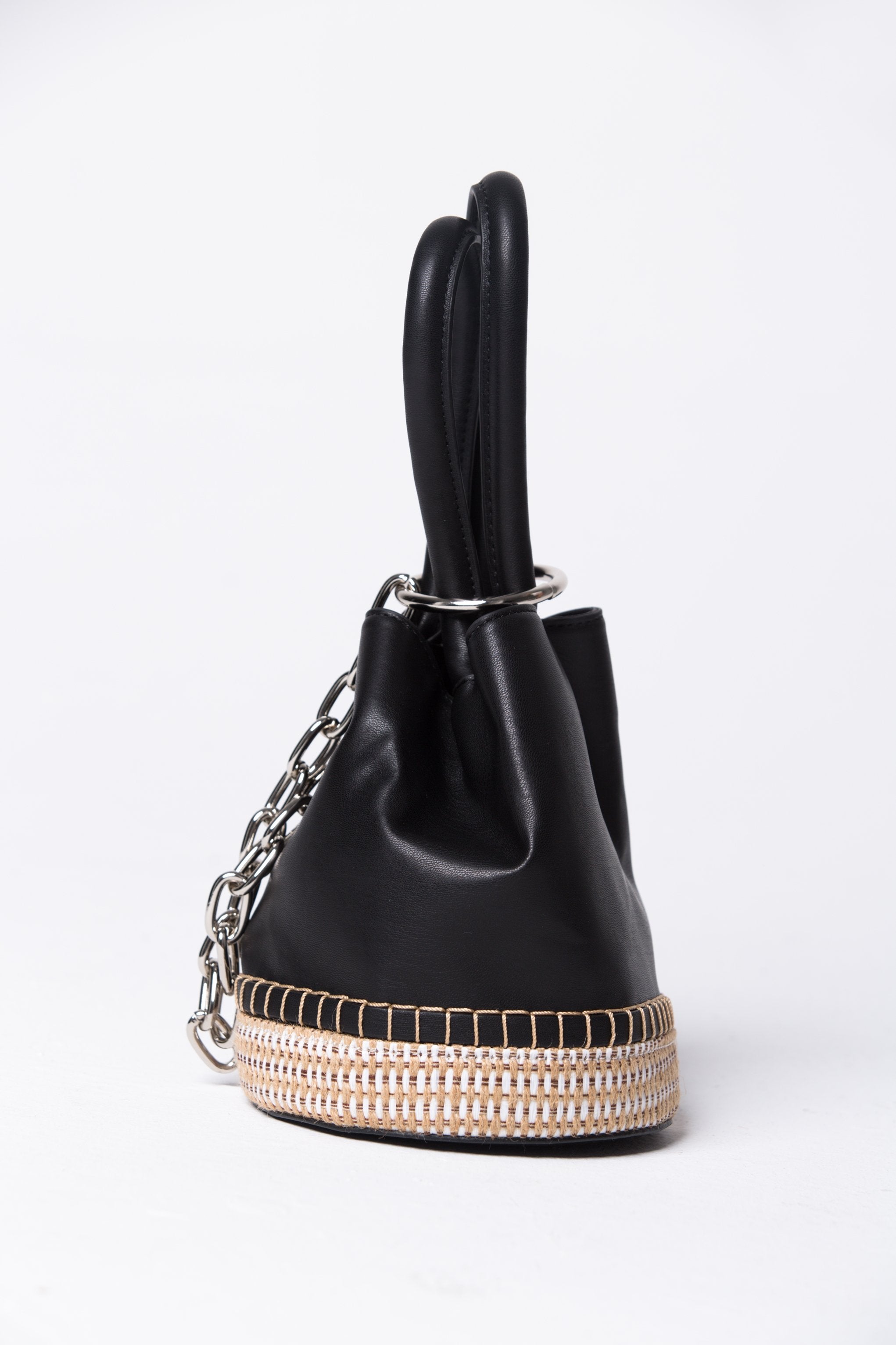 Black Faux Leather and Weave Straw Bucket Handbag - ownthelooks-Development
