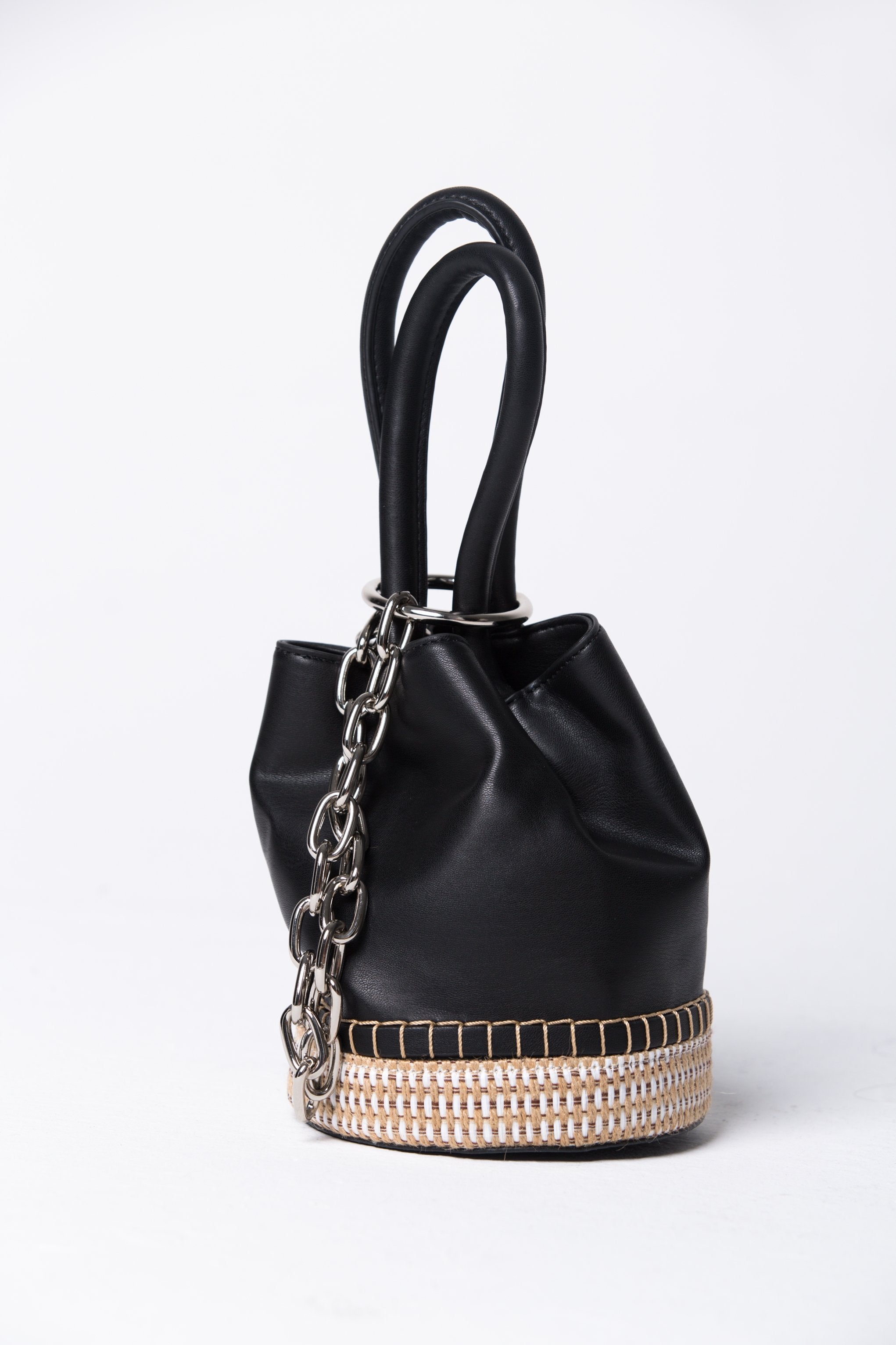 Black Faux Leather and Weave Straw Bucket Handbag - ownthelooks-Development