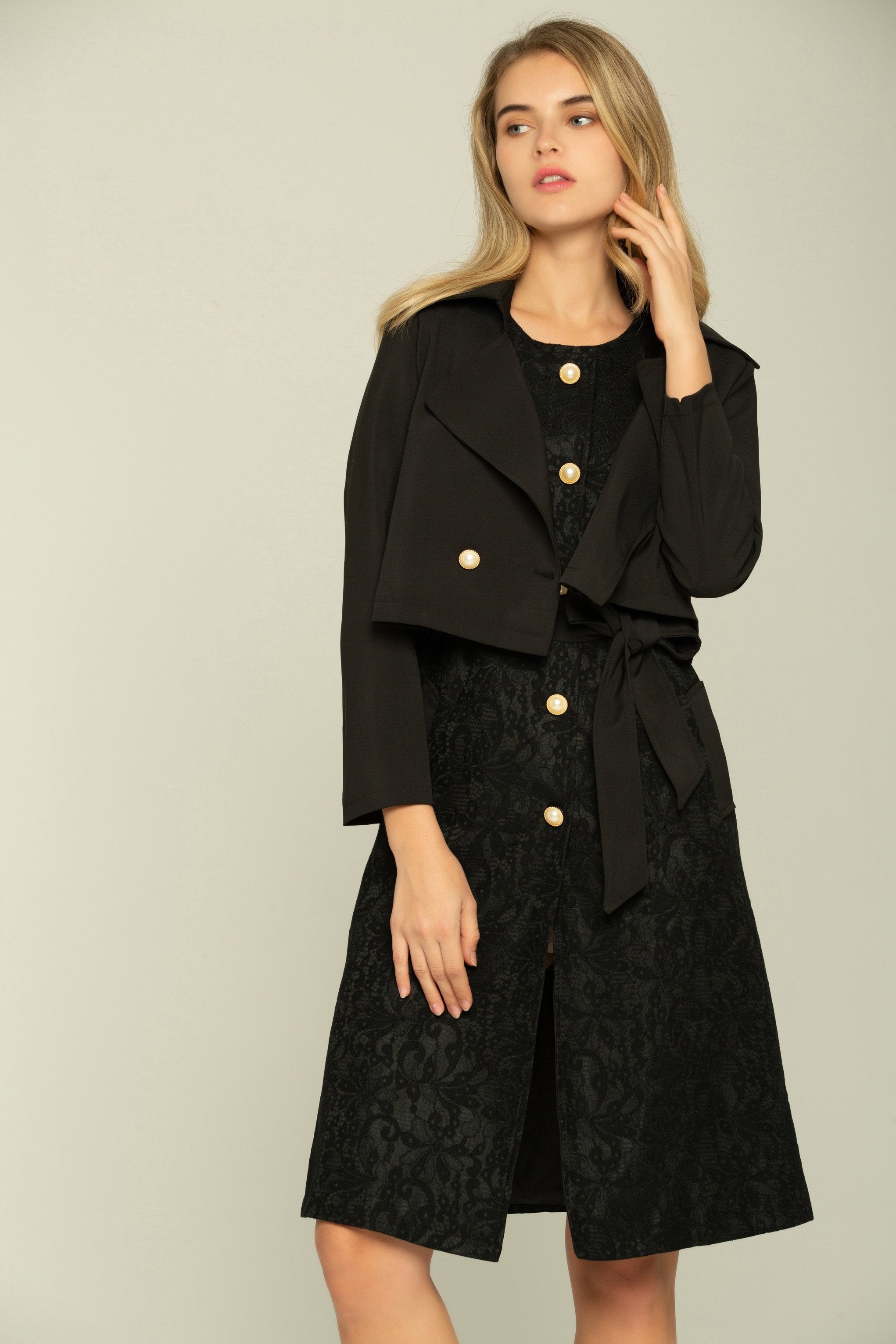 Black Full Sleeves Asymmetrical Cropped Blazer with Little Black Dress Set - ownthelooks-Development