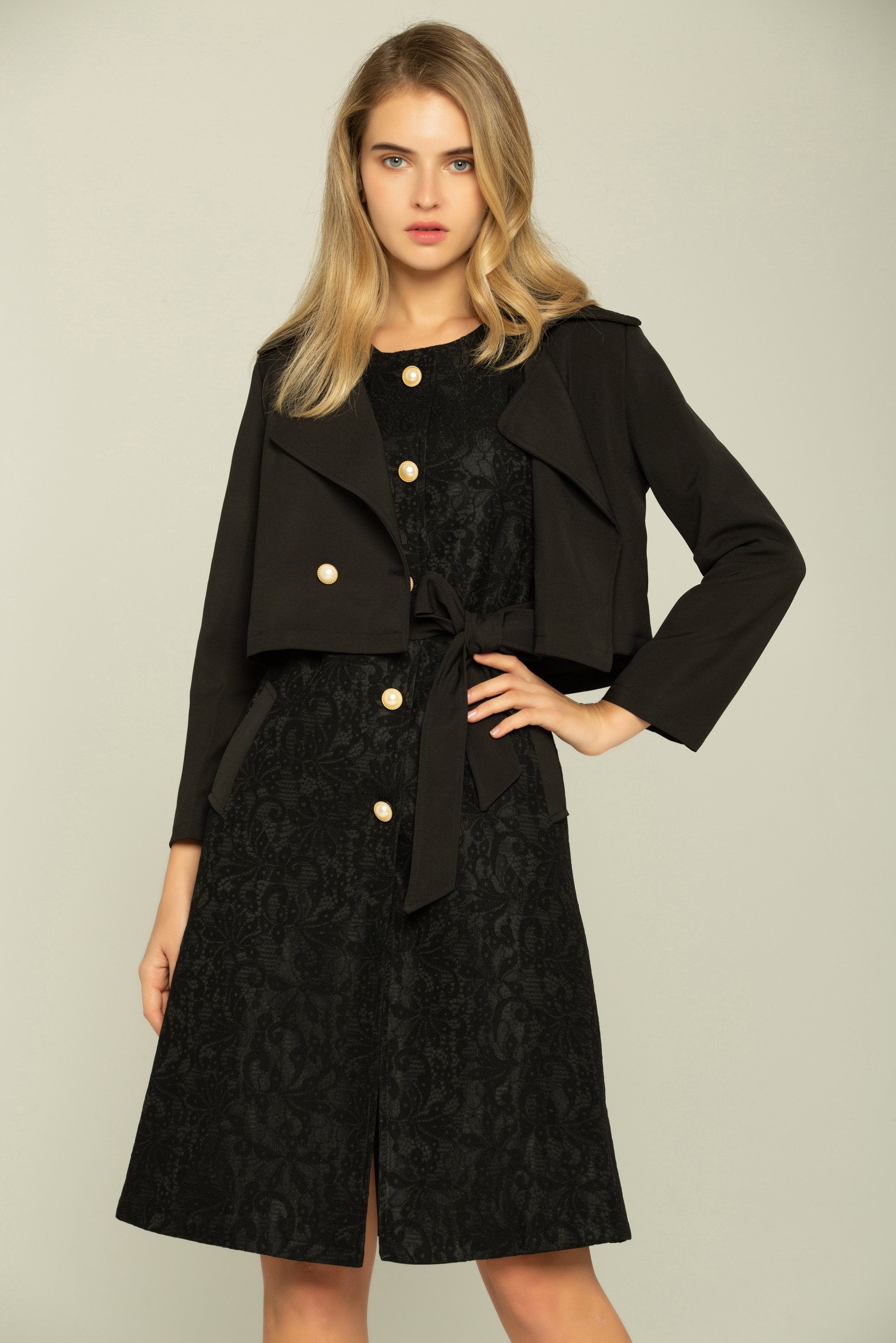 Black Full Sleeves Asymmetrical Cropped Blazer with Little Black Dress Set - ownthelooks-Development