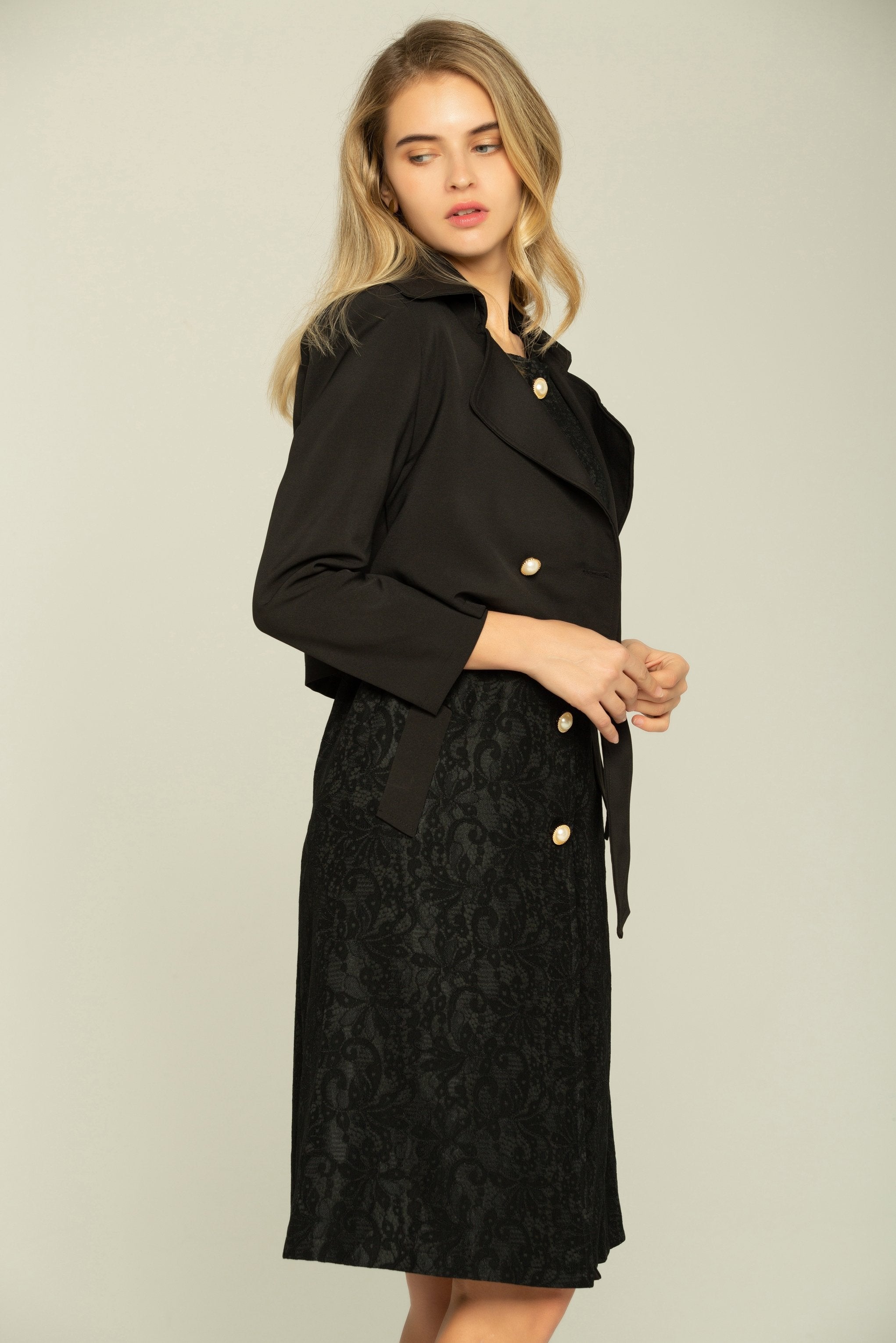 Black Full Sleeves Asymmetrical Cropped Blazer with Little Black Dress Set - ownthelooks-Development