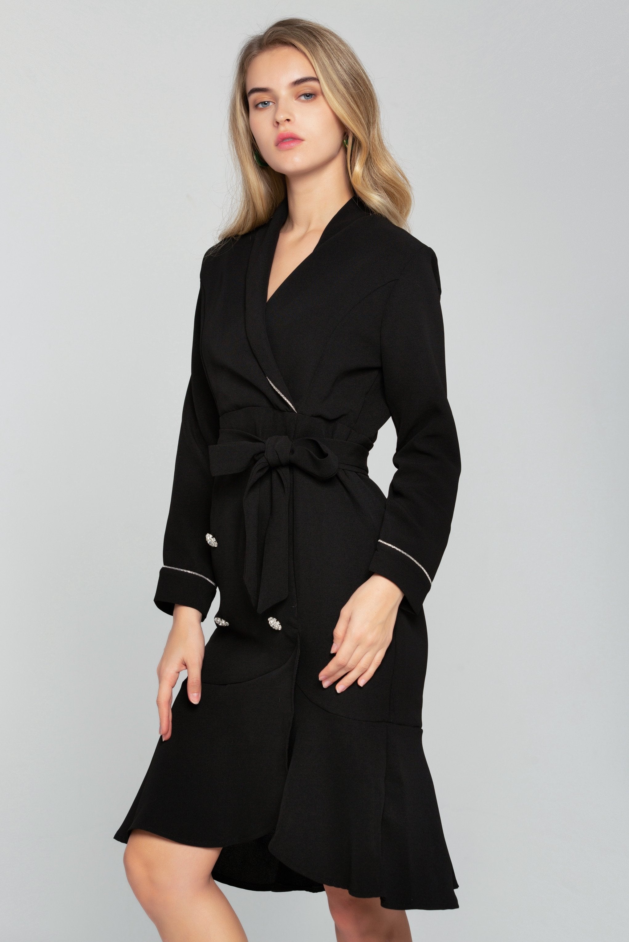Black Full Sleeves Button-up Blazer Dress - ownthelooks-Development