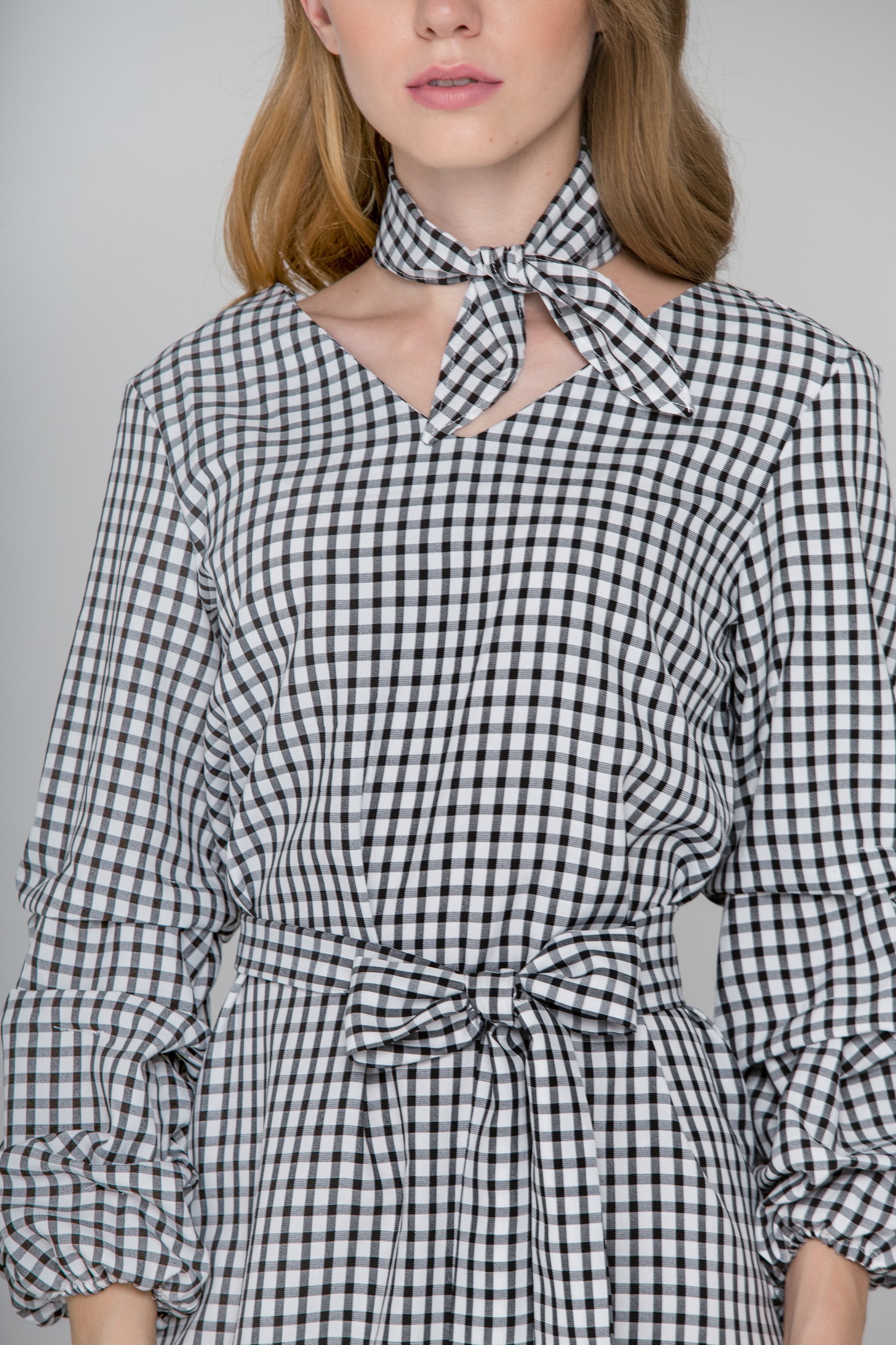 Black Gingham Puff Sleeves Midi Dress - ownthelooks-Development
